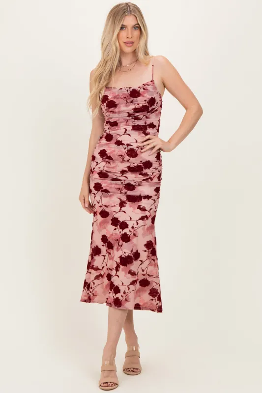 Pink Rose Floral Mesh Ruched Midi Dress sold by Pinkblush