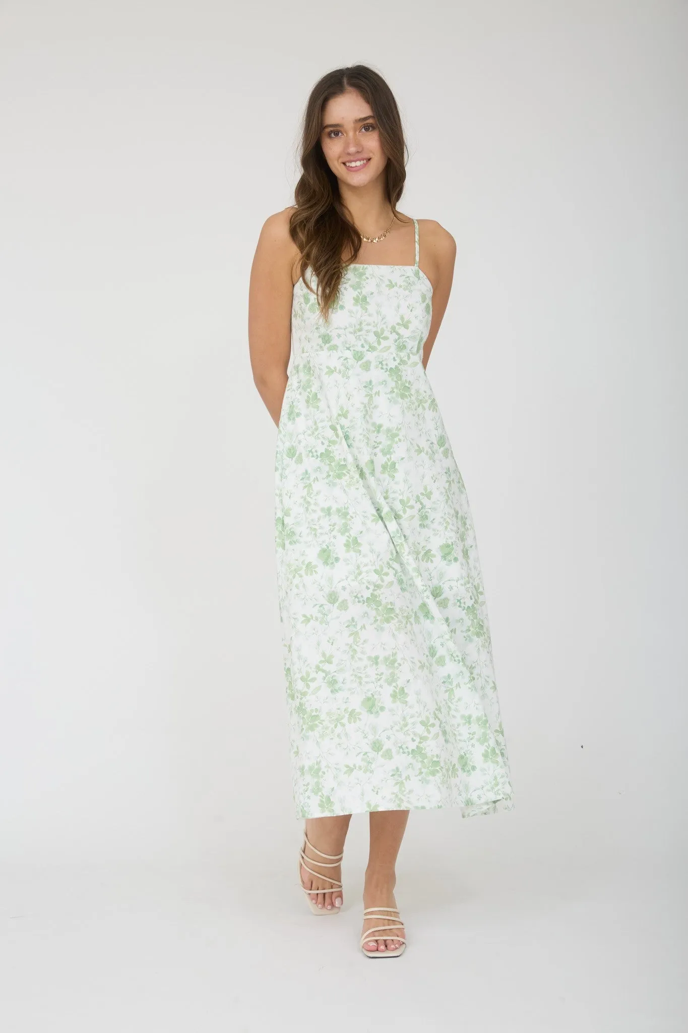 Light Green Floral Sleeveless Midi Dress sold by Pinkblush