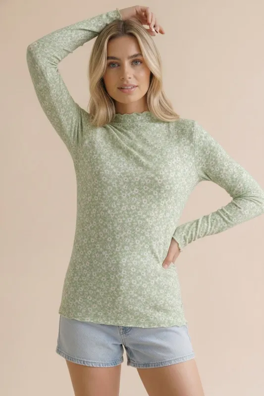 Sage Long Sleeve Floral Print Top sold by Pinkblush