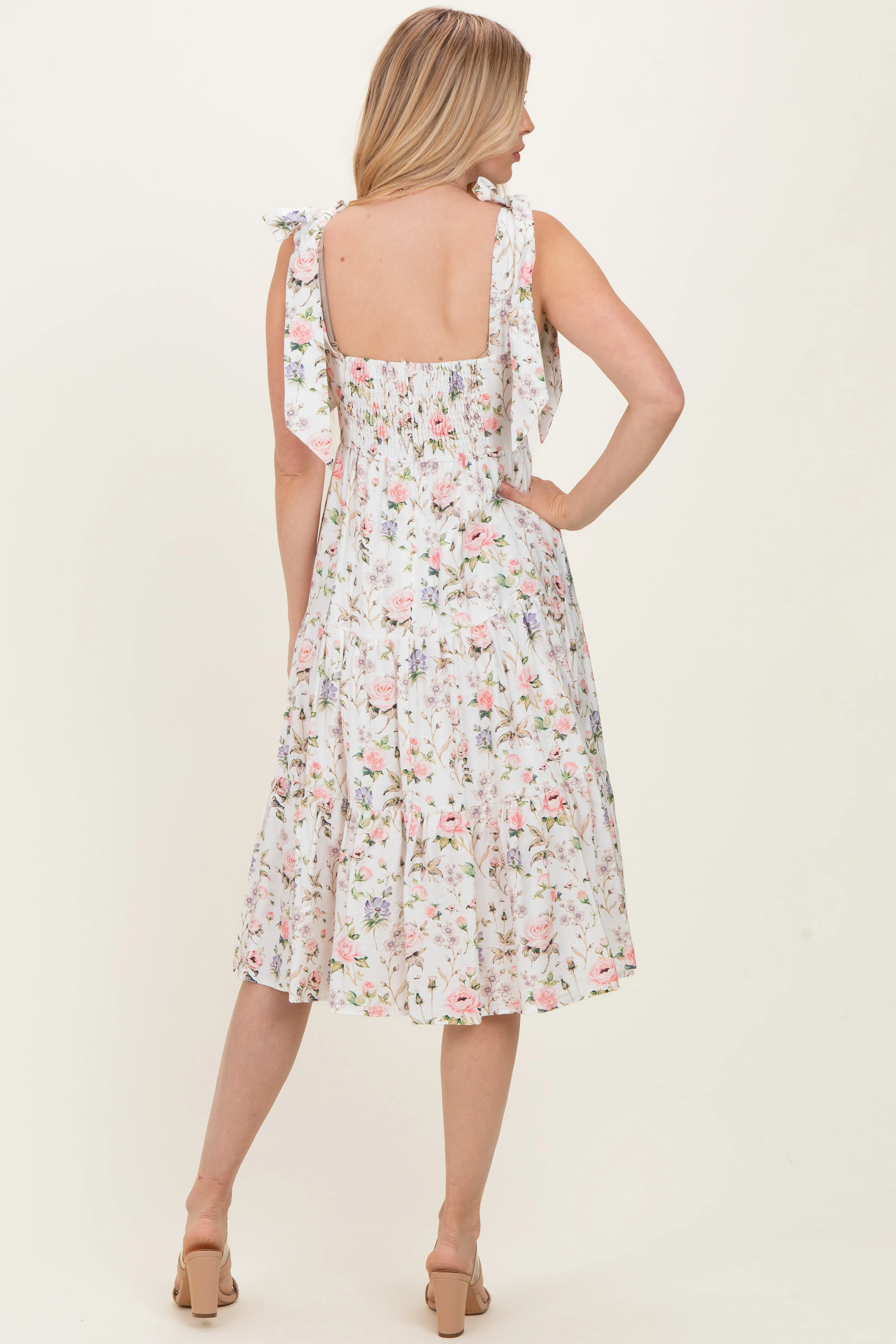 Ivory Floral Shoulder Tie Tiered Midi Dress sold by Pinkblush product image thumbnail 4