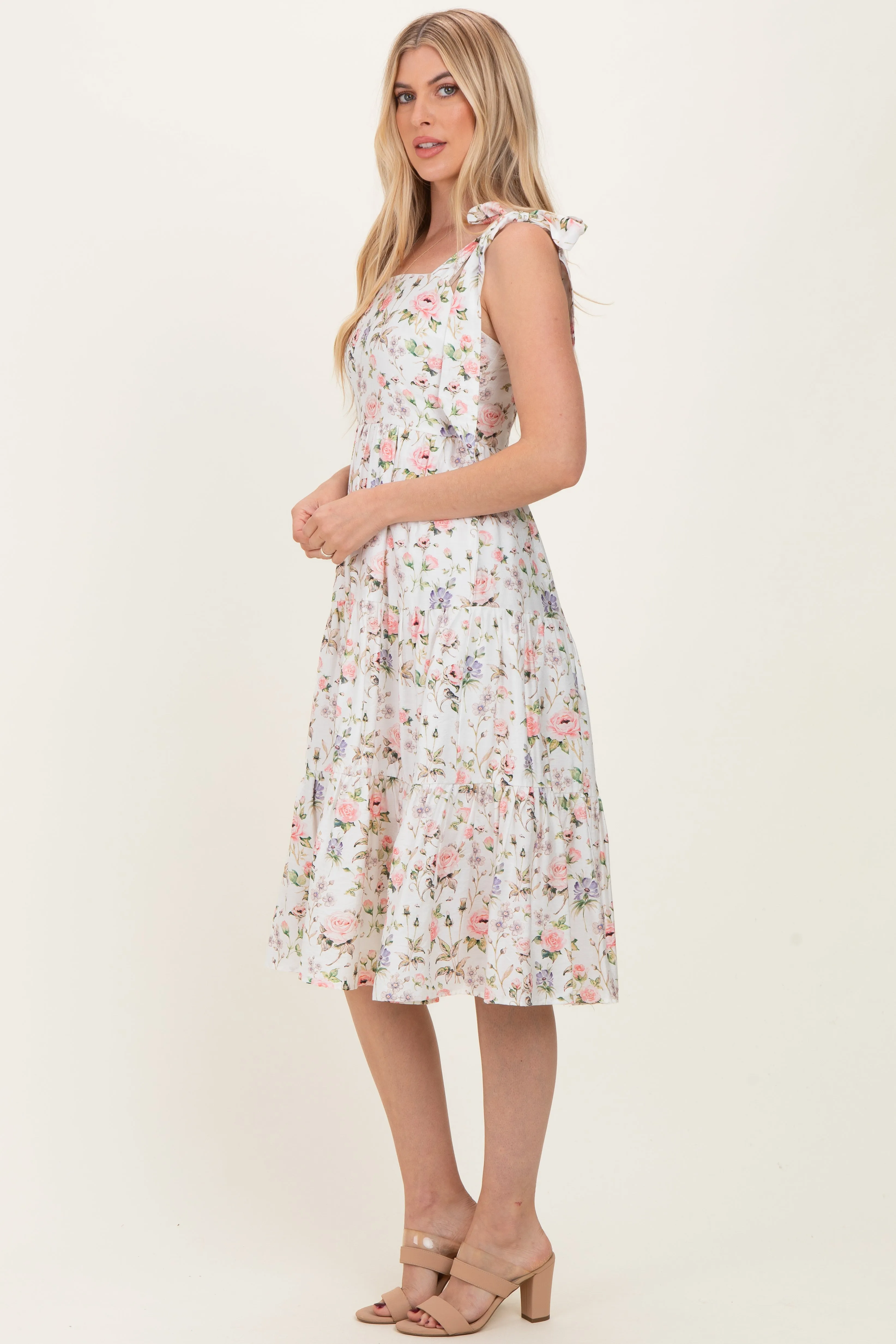 Ivory Floral Shoulder Tie Tiered Midi Dress sold by Pinkblush