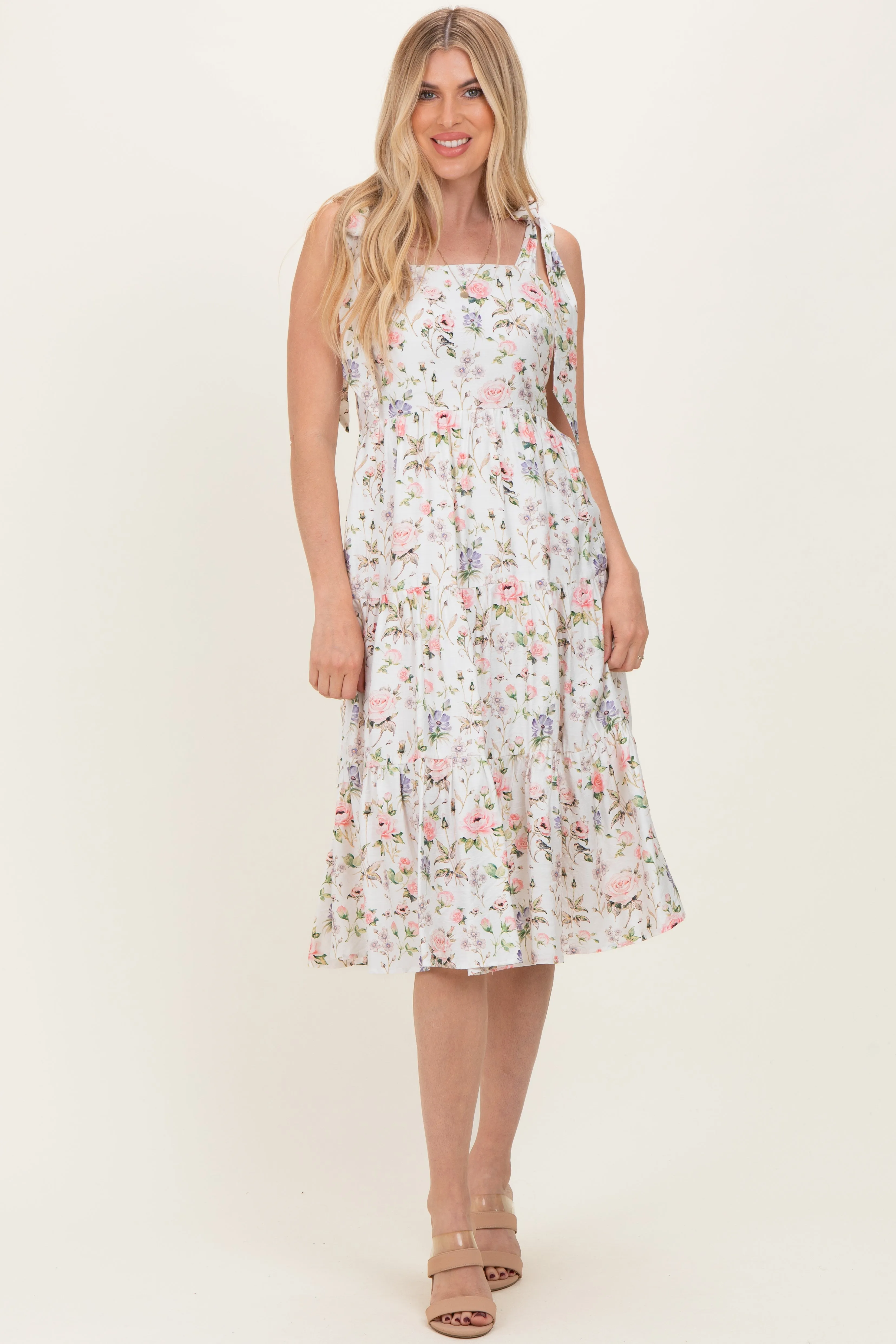 Ivory Floral Shoulder Tie Tiered Midi Dress sold by Pinkblush product image thumbnail 2