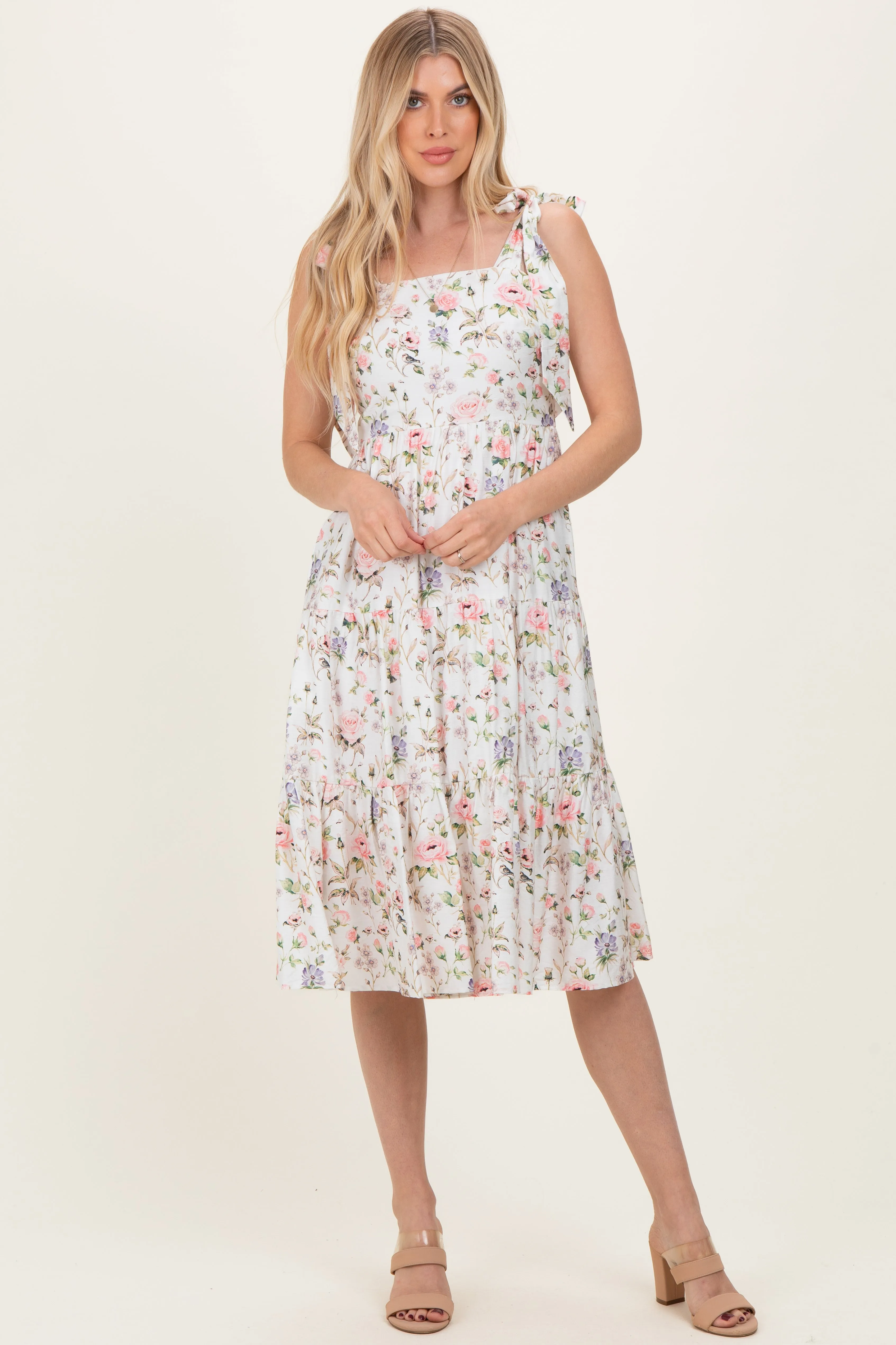 Ivory Floral Shoulder Tie Tiered Midi Dress sold by Pinkblush product image thumbnail 3