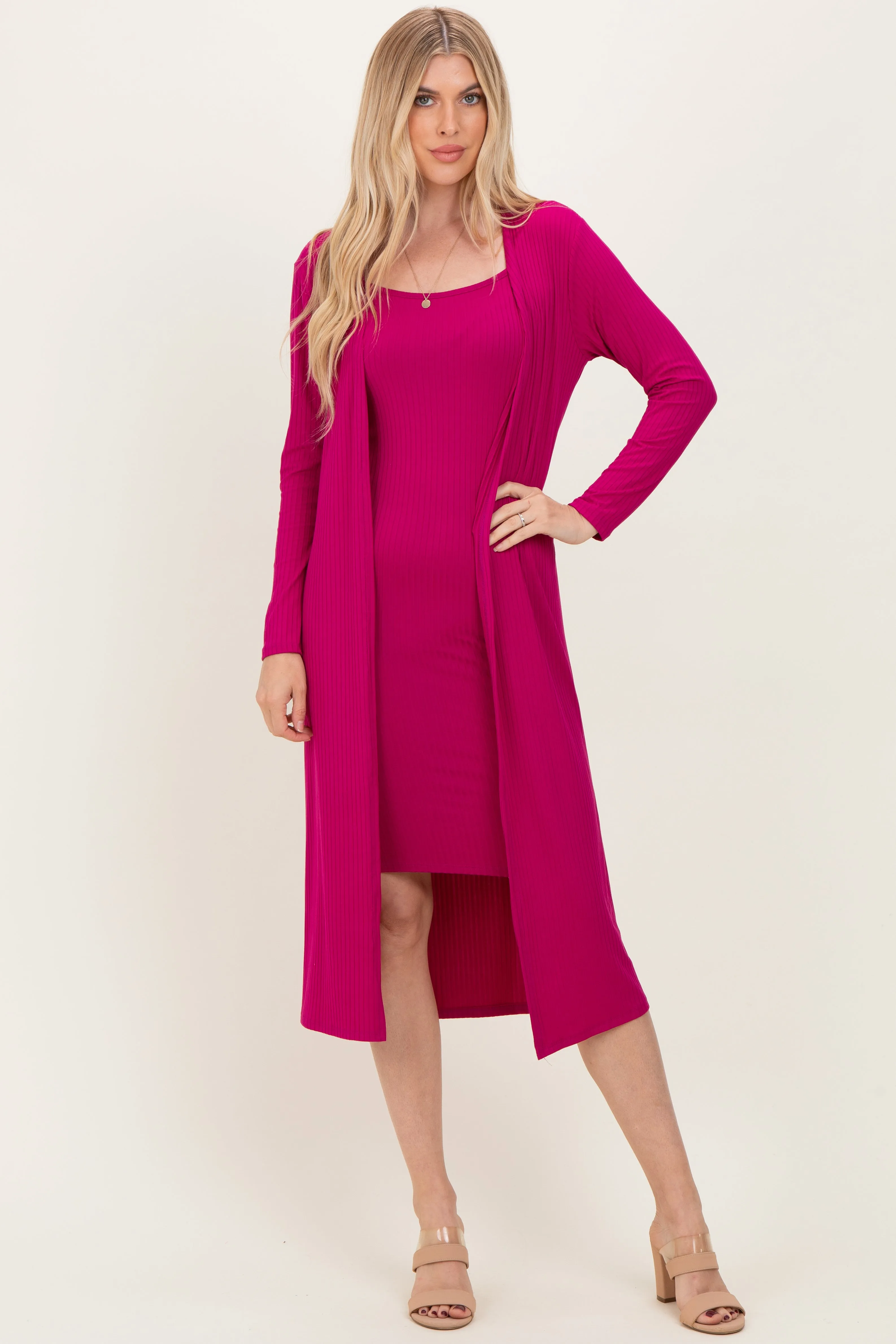 Magenta Ribbed Cardigan 2 Piece Set sold by Pinkblush