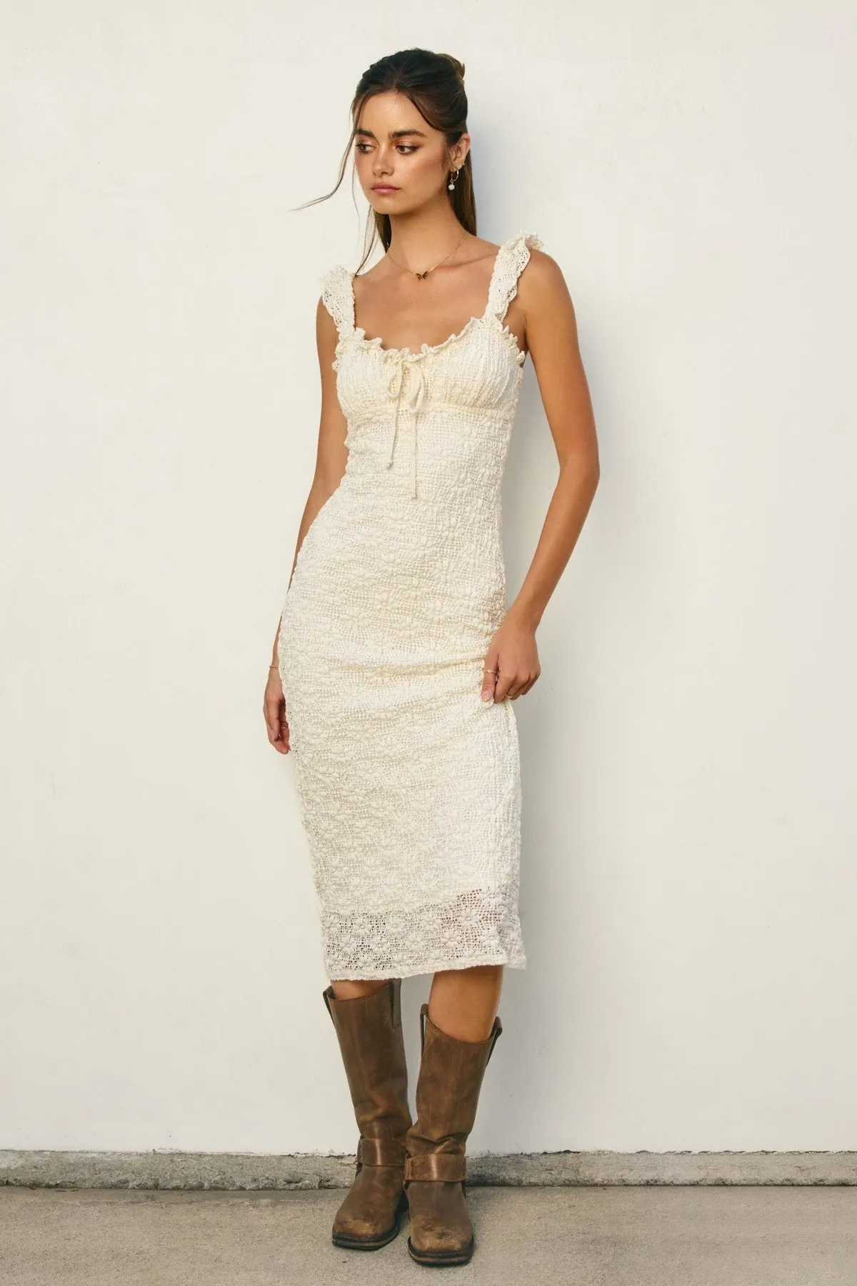 Cream Lace Ruffle Accent Sleeveless Midi Dress sold by Pinkblush