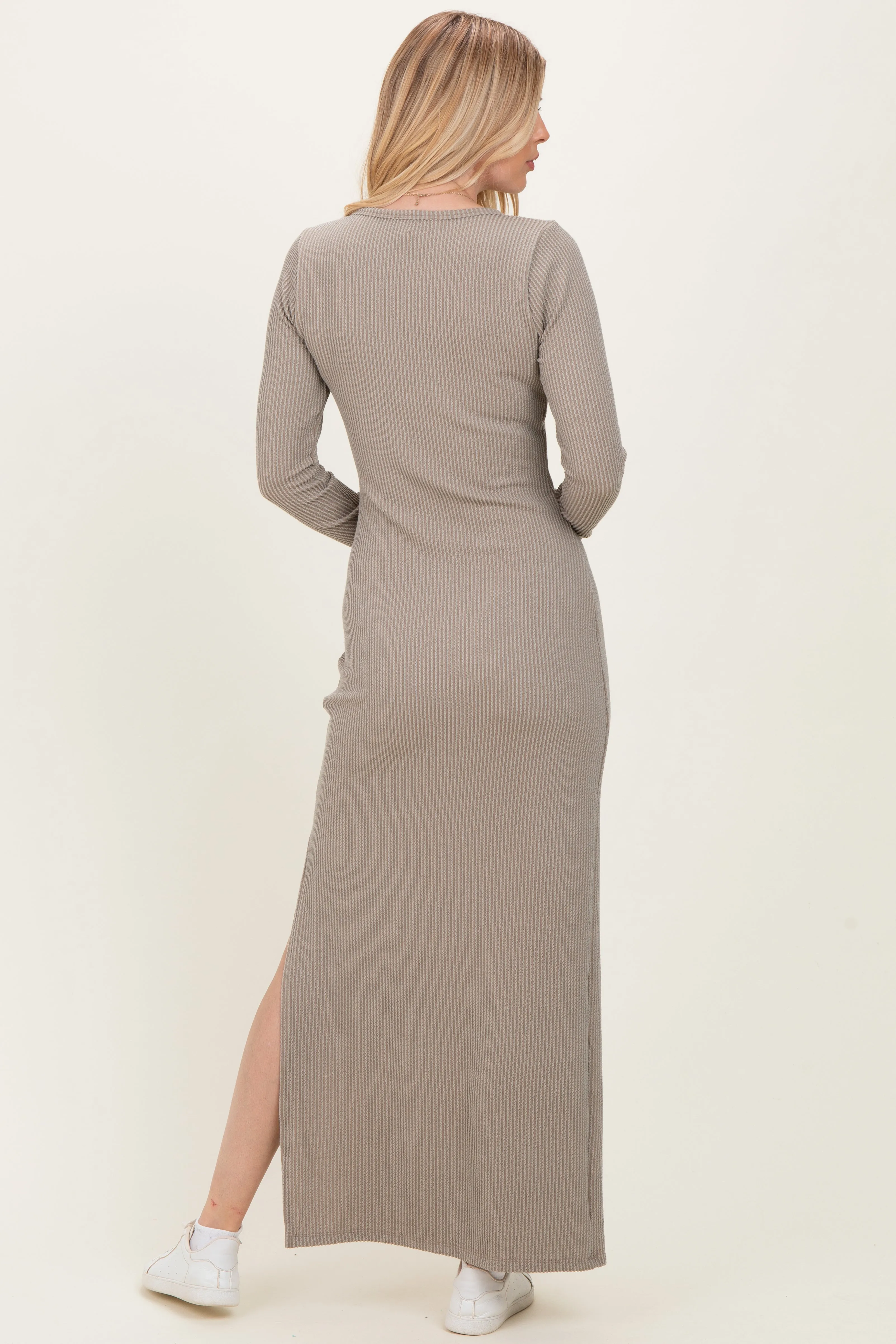 Taupe Ribbed Long Sleeve Side Slit Maxi Dress sold by Pinkblush product image thumbnail 4