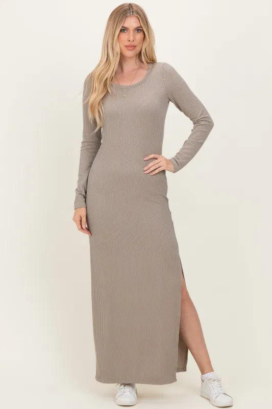 Taupe Ribbed Long Sleeve Side Slit Maxi Dress made by Pinkblush