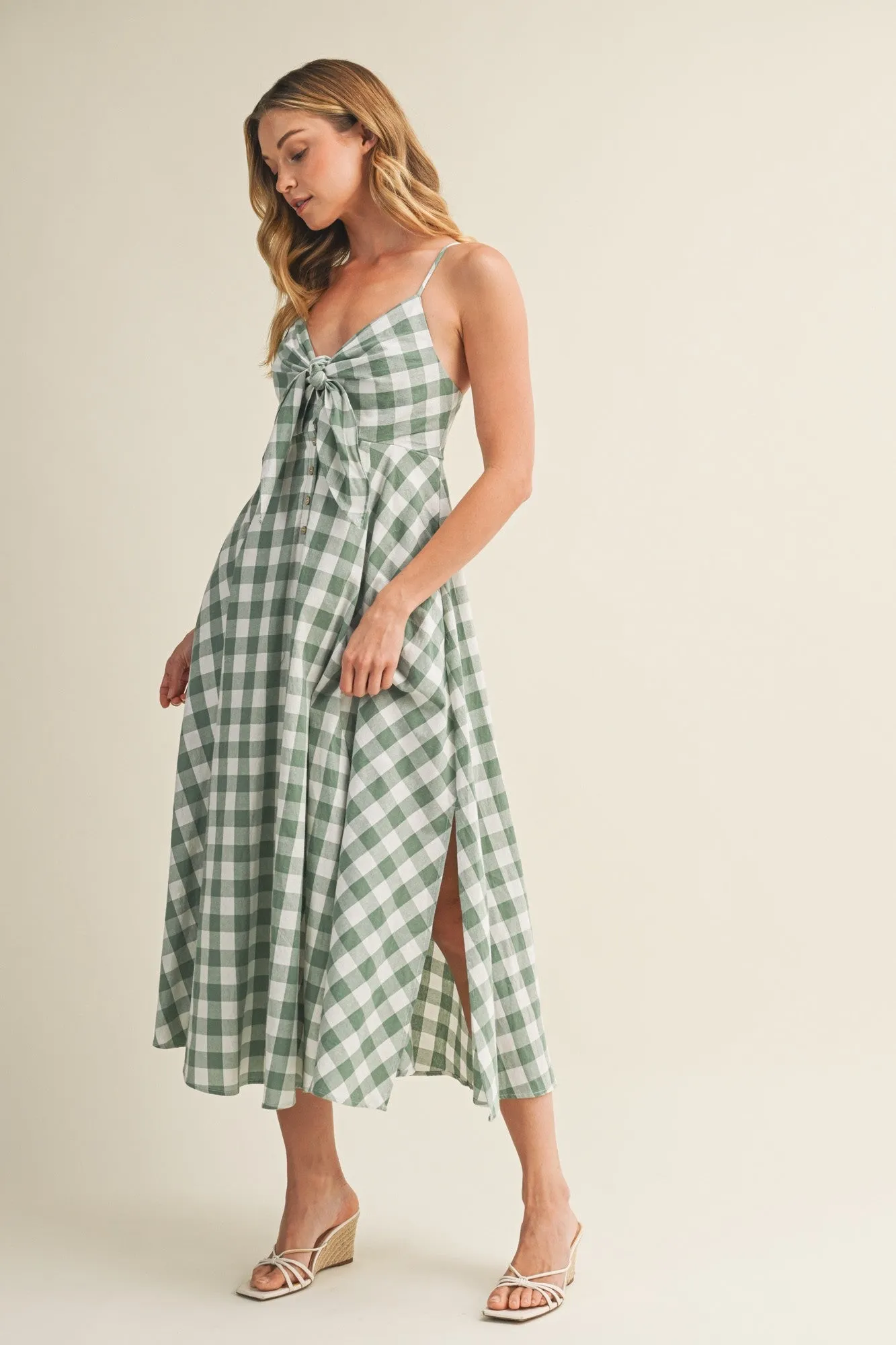 Basil Gingham Tie Front Racerback Midi Dress sold by Pinkblush product image thumbnail 3