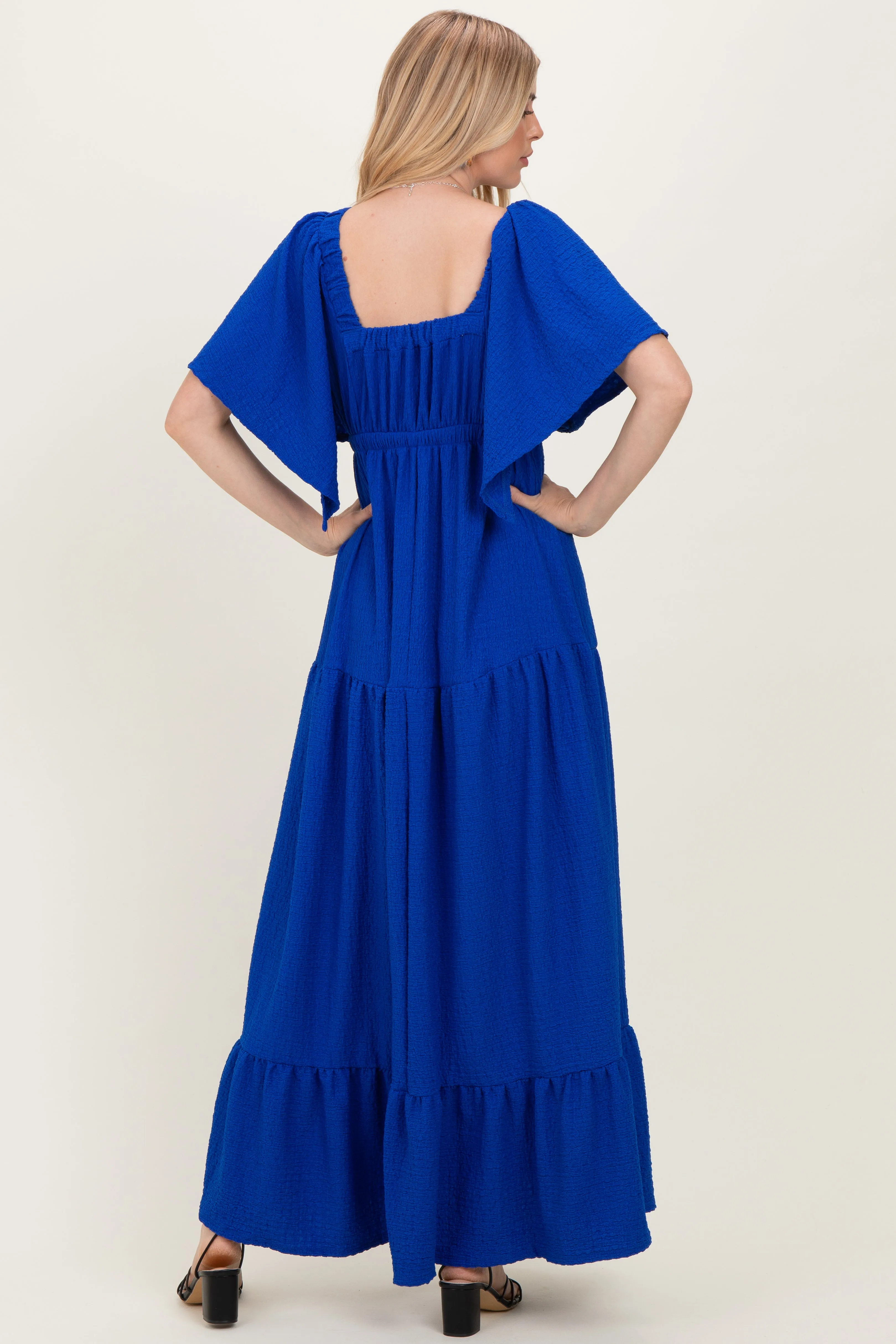 Royal Woven Textured Flutter Sleeve V-Neck Tiered Maxi Dress sold by Pinkblush product image thumbnail 4
