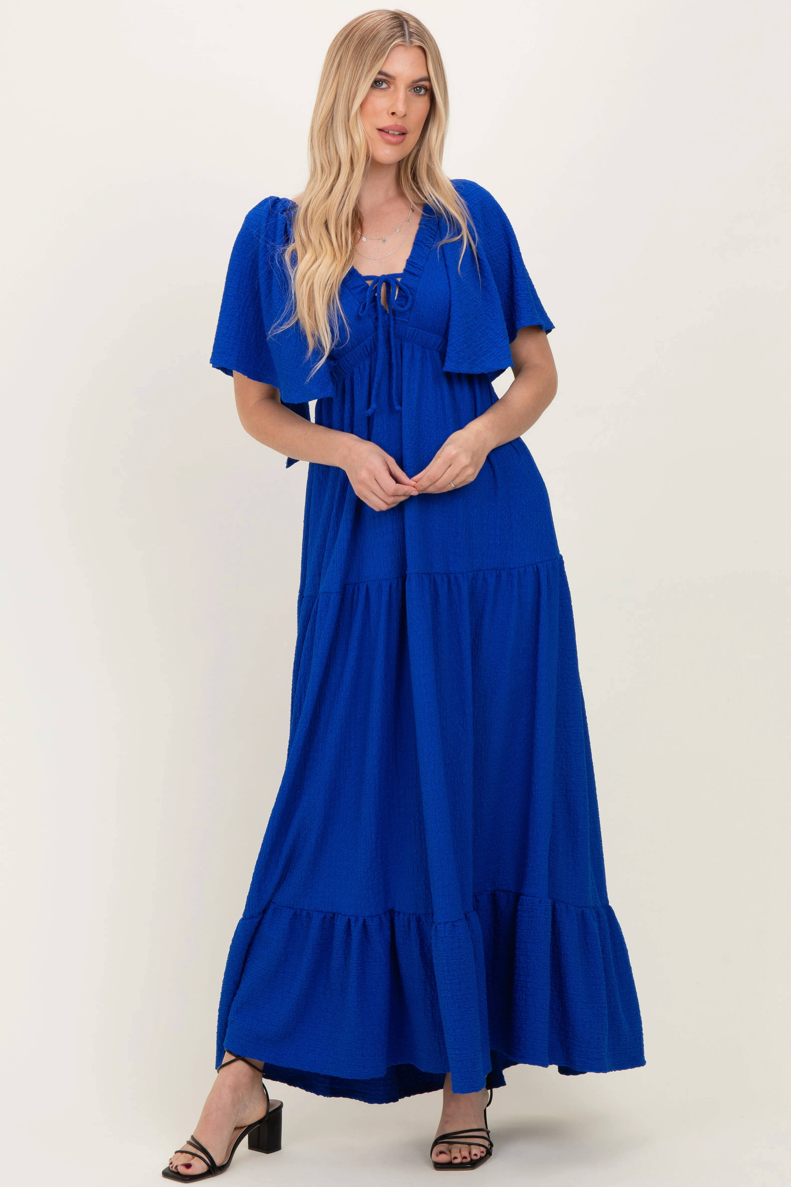 Royal Woven Textured Flutter Sleeve V-Neck Tiered Maxi Dress sold by Pinkblush