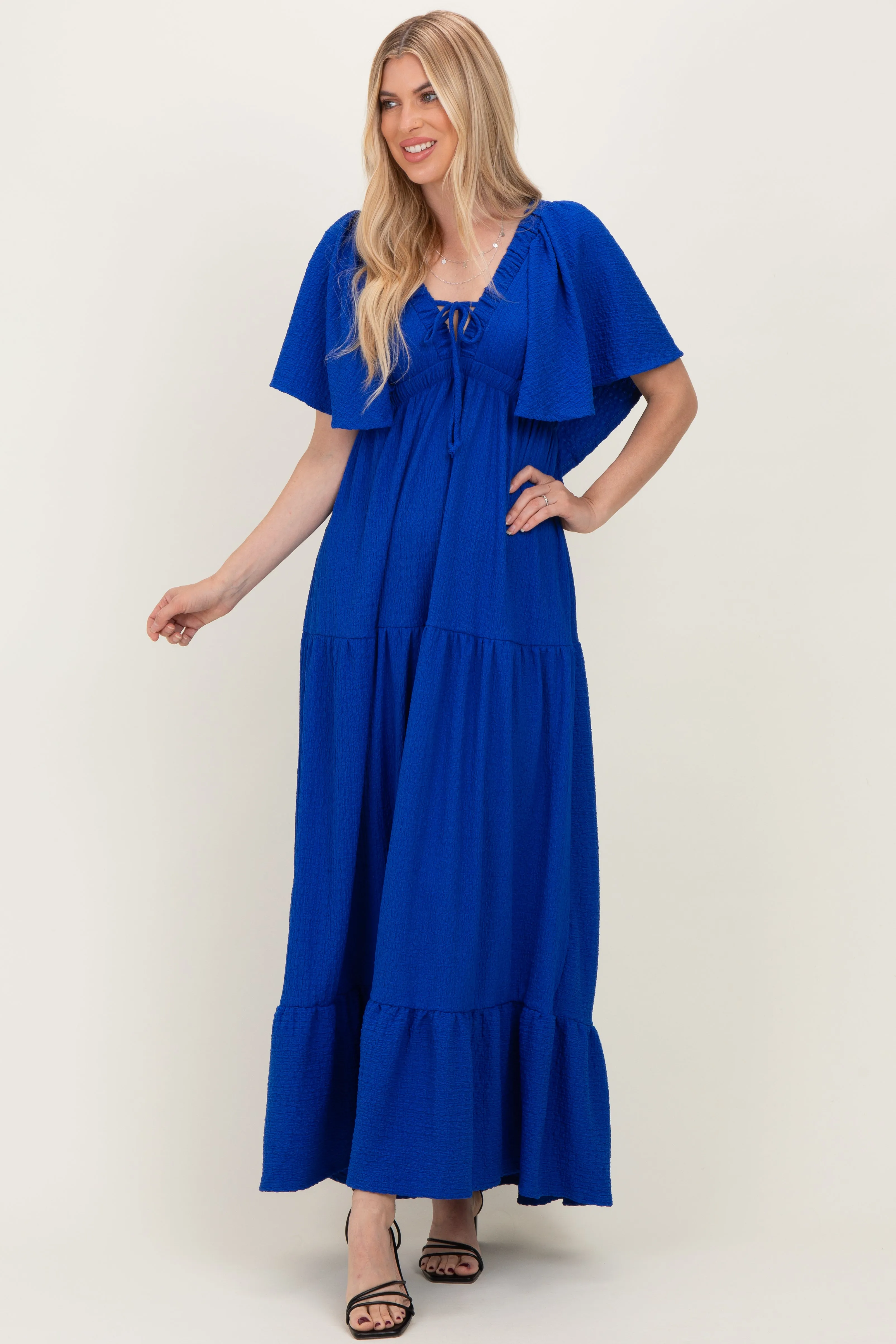 Royal Woven Textured Flutter Sleeve V-Neck Tiered Maxi Dress sold by Pinkblush product image thumbnail 2