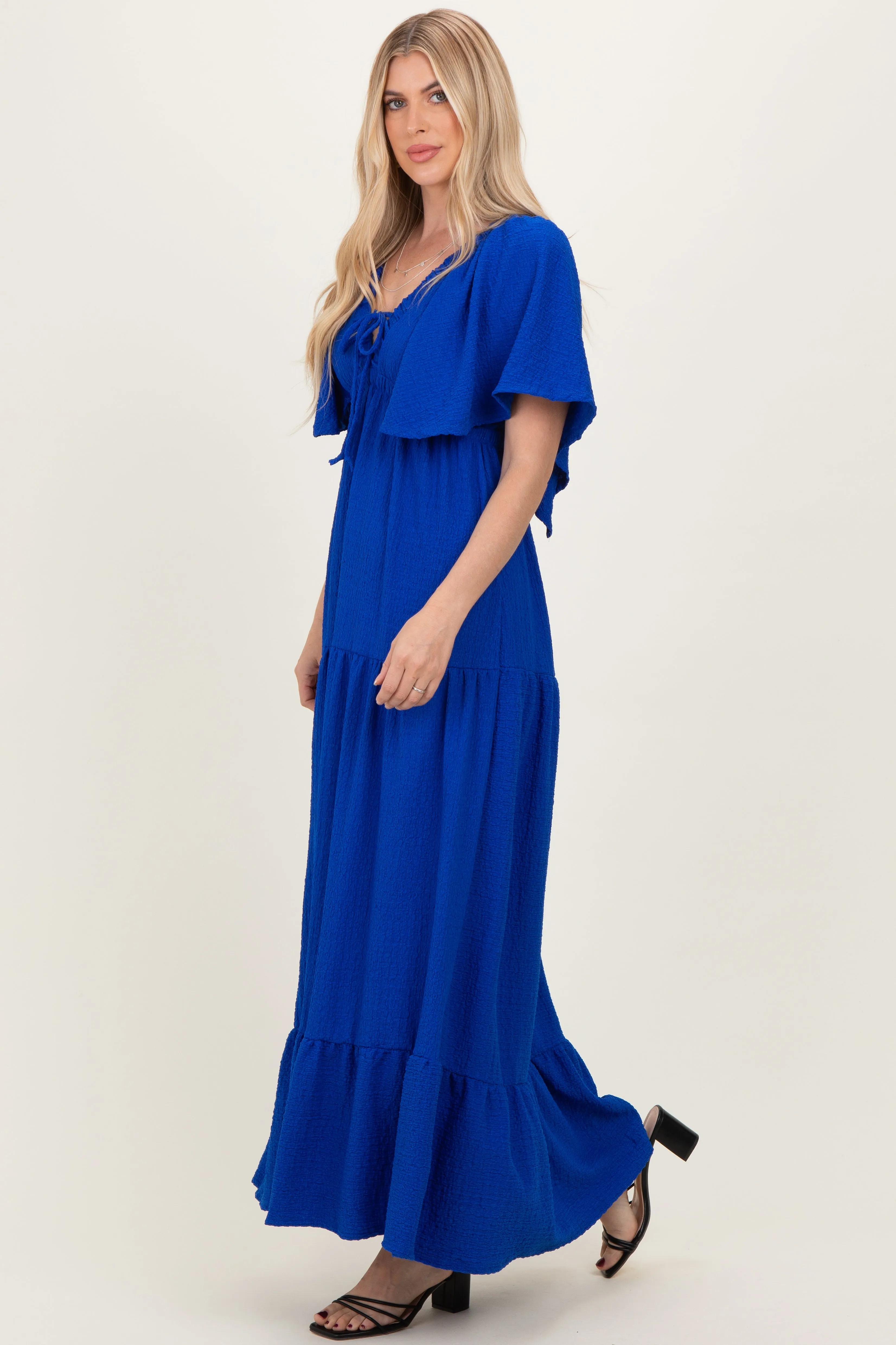Royal Woven Textured Flutter Sleeve V-Neck Tiered Maxi Dress sold by Pinkblush product image thumbnail 3