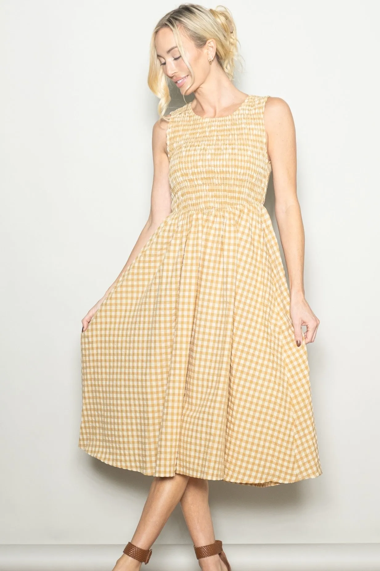 Yellow Gingham Smocked Sleeveless Midi Dress sold by Pinkblush product image thumbnail 2