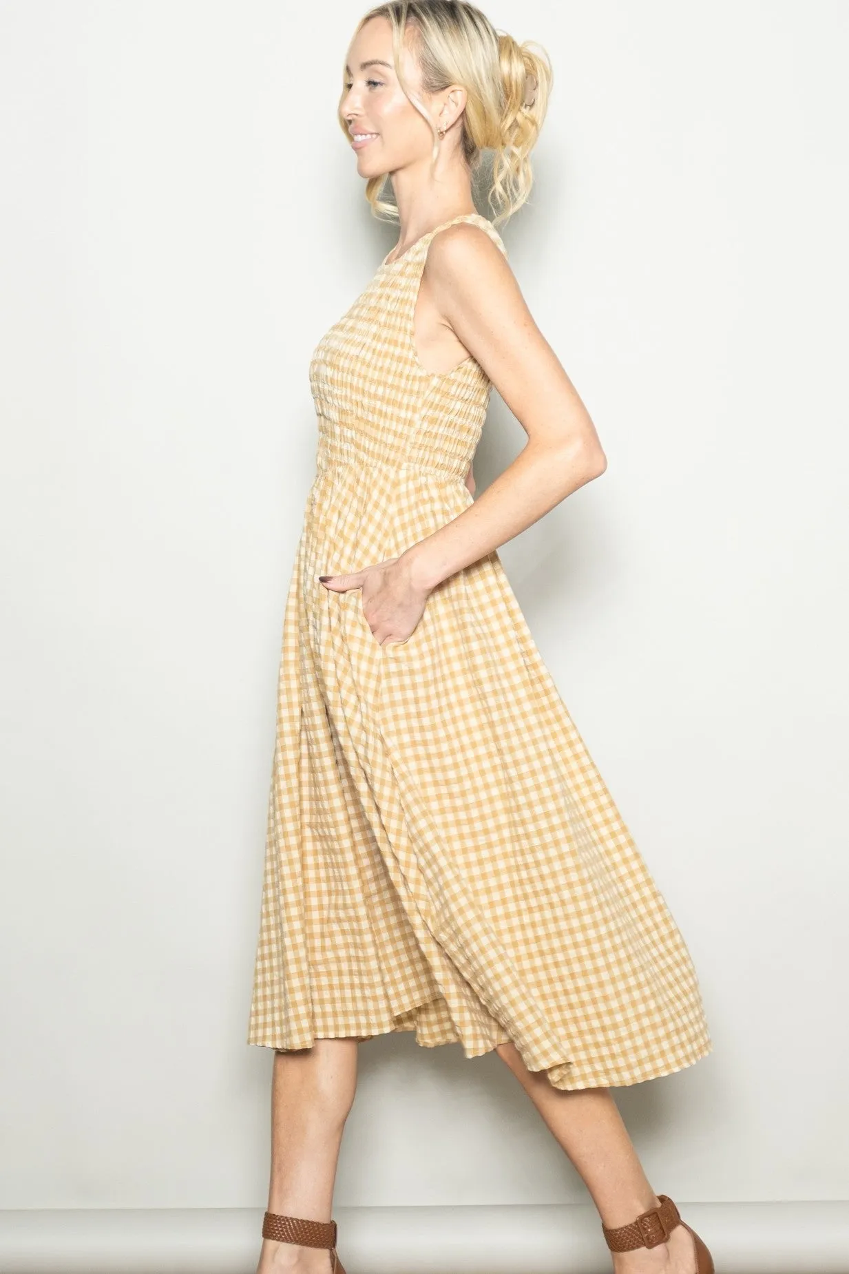 Yellow Gingham Smocked Sleeveless Midi Dress sold by Pinkblush product image thumbnail 3
