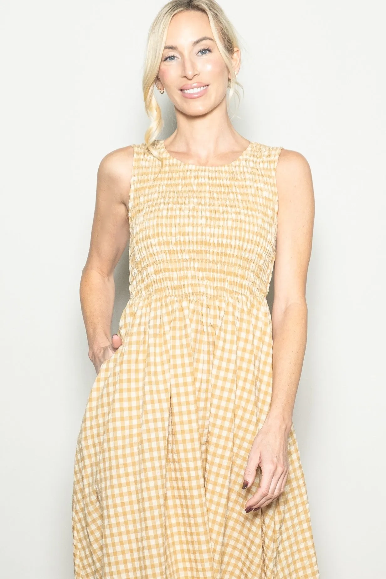 Yellow Gingham Smocked Sleeveless Midi Dress sold by Pinkblush product image thumbnail 4
