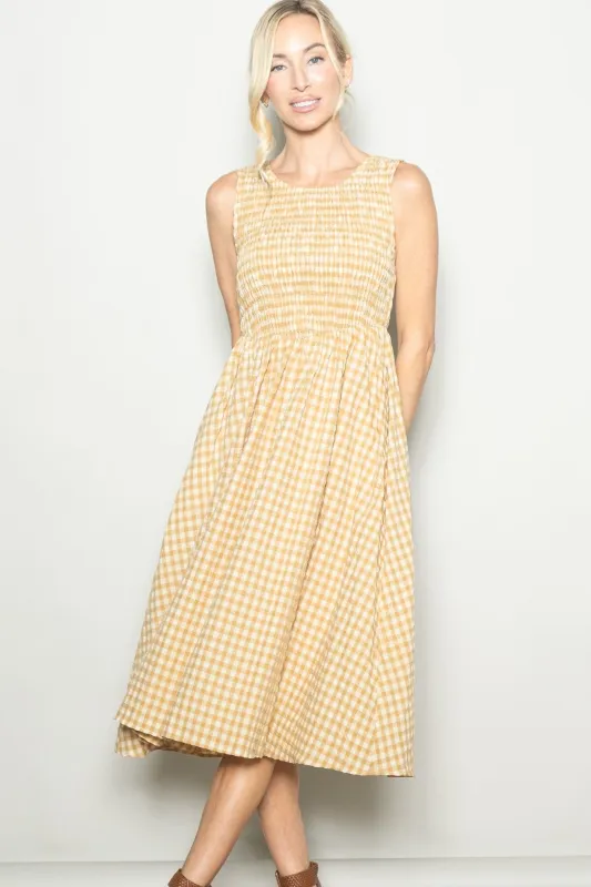 Yellow Gingham Smocked Sleeveless Midi Dress made by Pinkblush