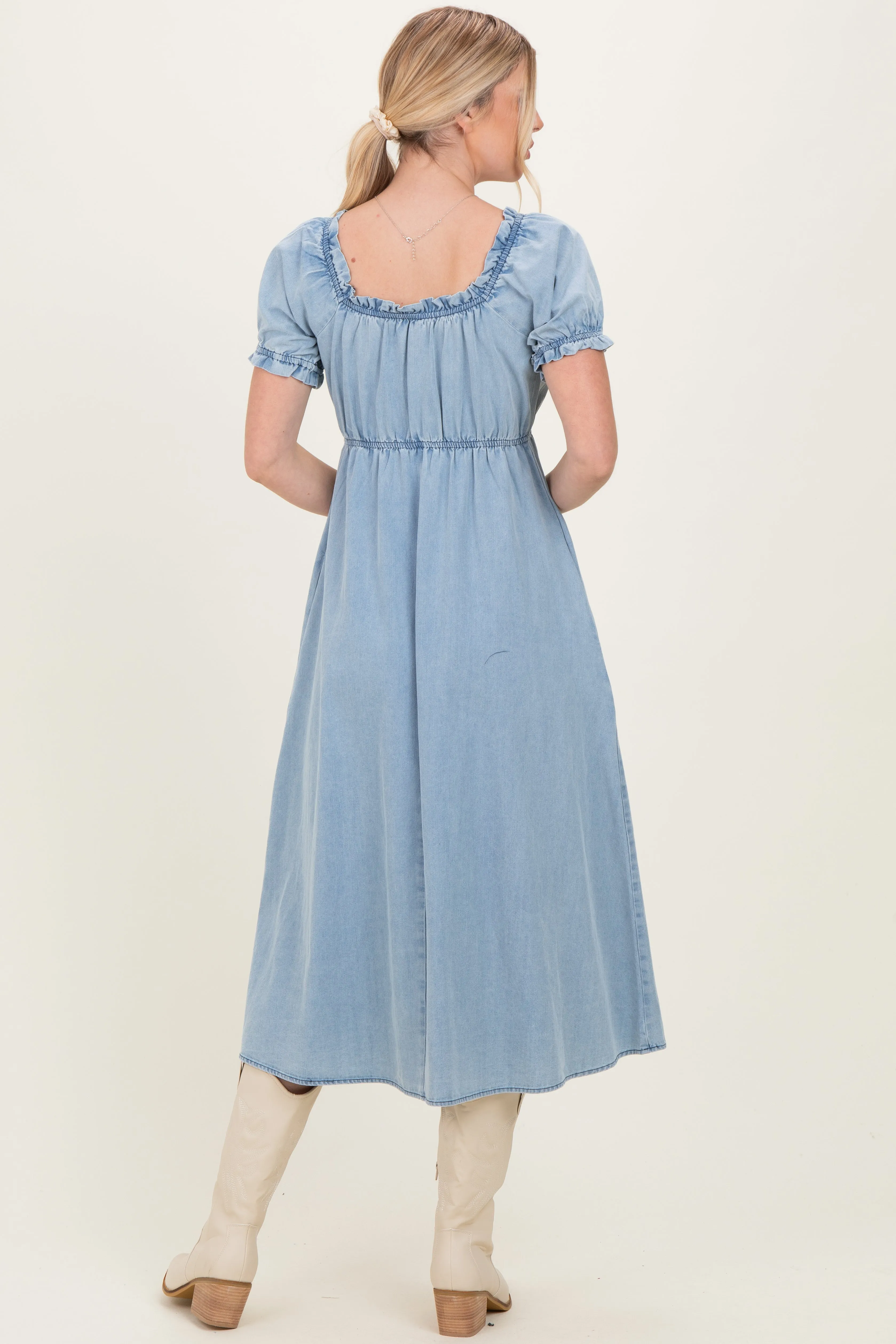 Light Blue Chambray Ruffle Neckline Midi Dress sold by Pinkblush product image thumbnail 3