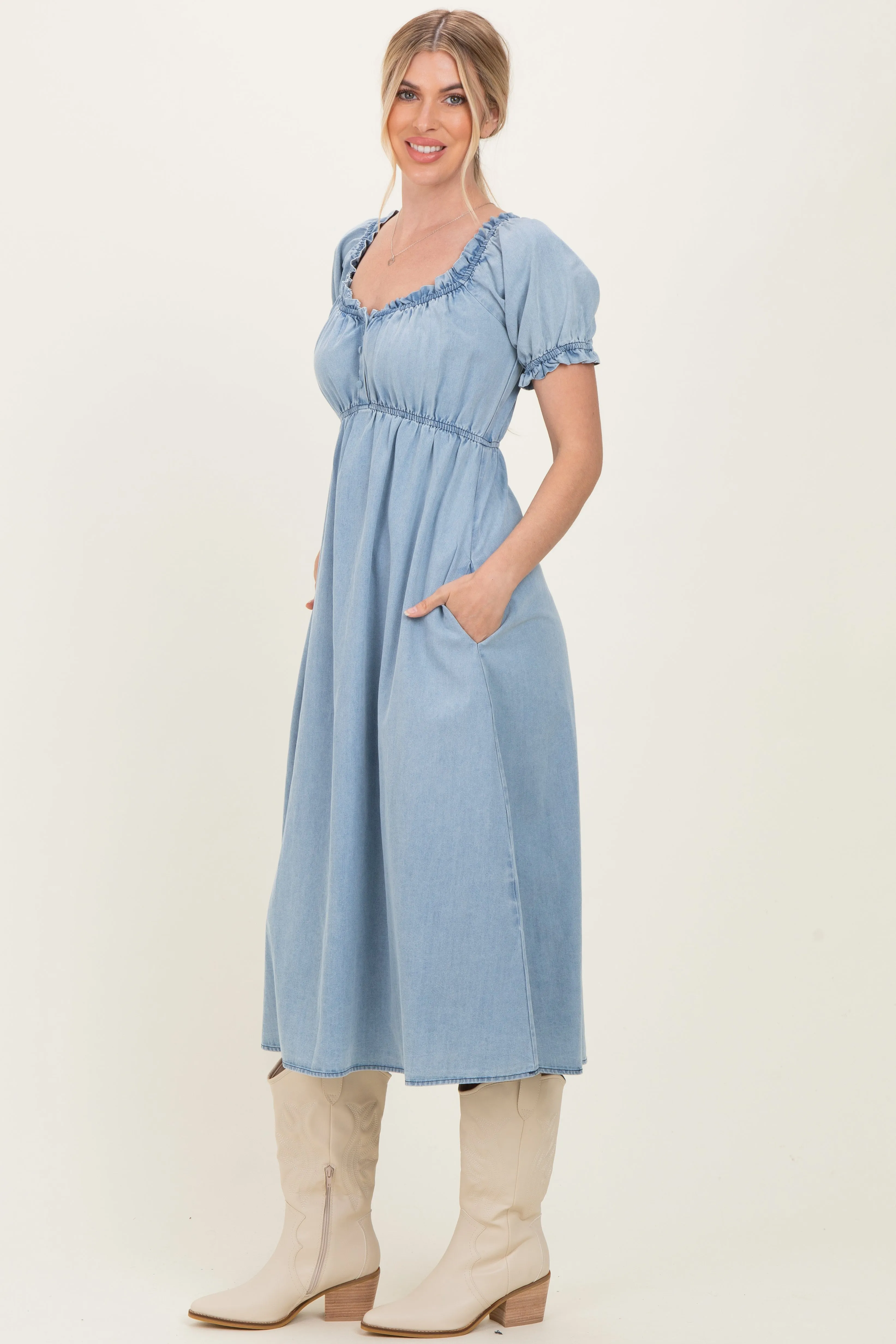 Light Blue Chambray Ruffle Neckline Midi Dress sold by Pinkblush product image thumbnail 2