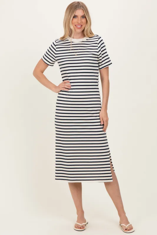 Navy Striped Short Sleeve Midi Dress sold by Pinkblush