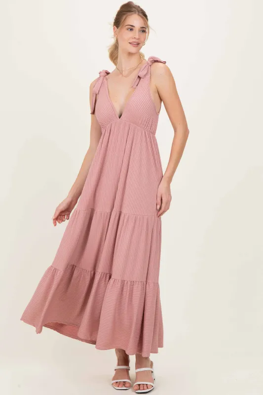 Mauve Shoulder Tie Ribbed Tiered Maxi Dress made by Pinkblush