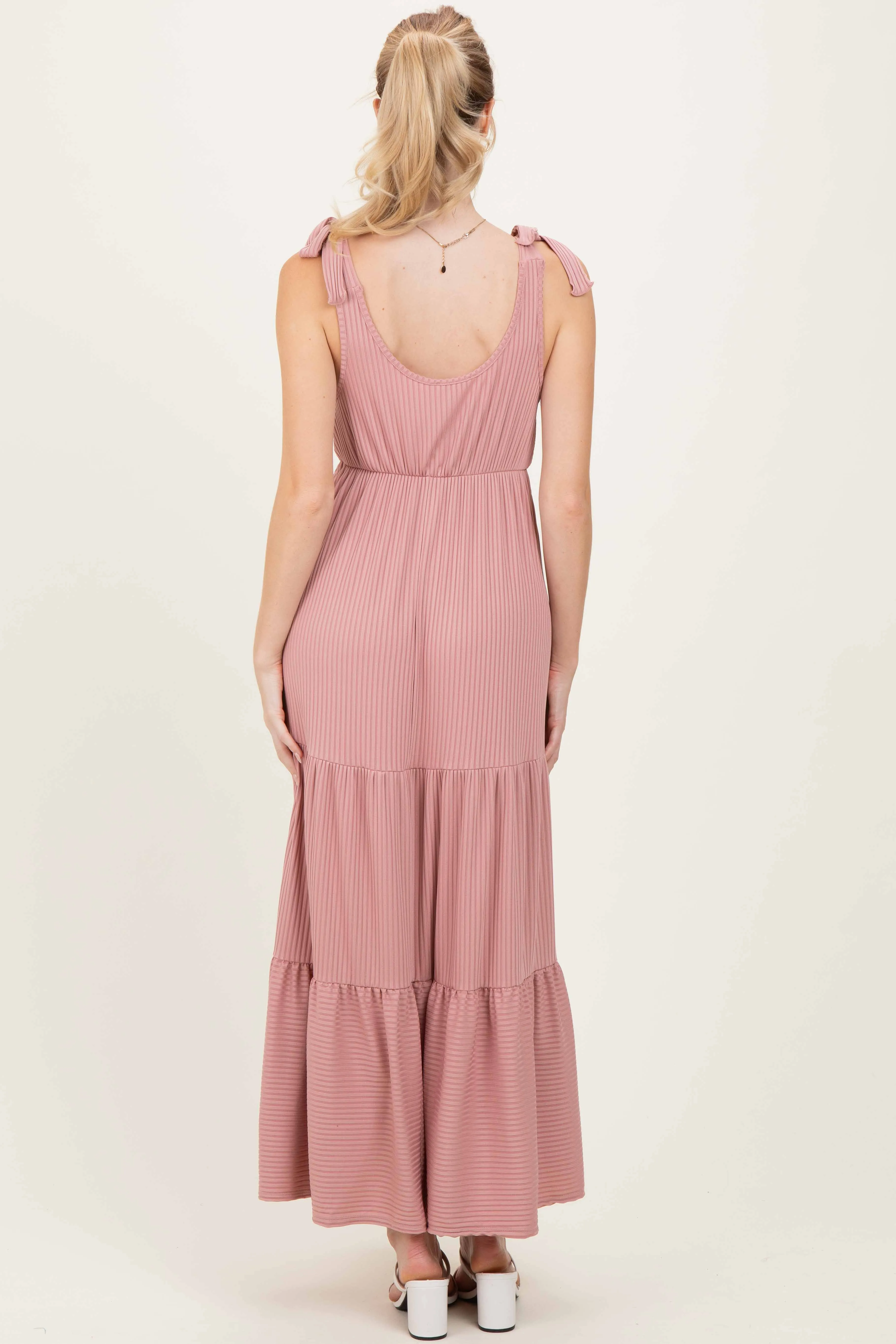 Mauve Shoulder Tie Ribbed Tiered Maxi Dress sold by Pinkblush product image thumbnail 2