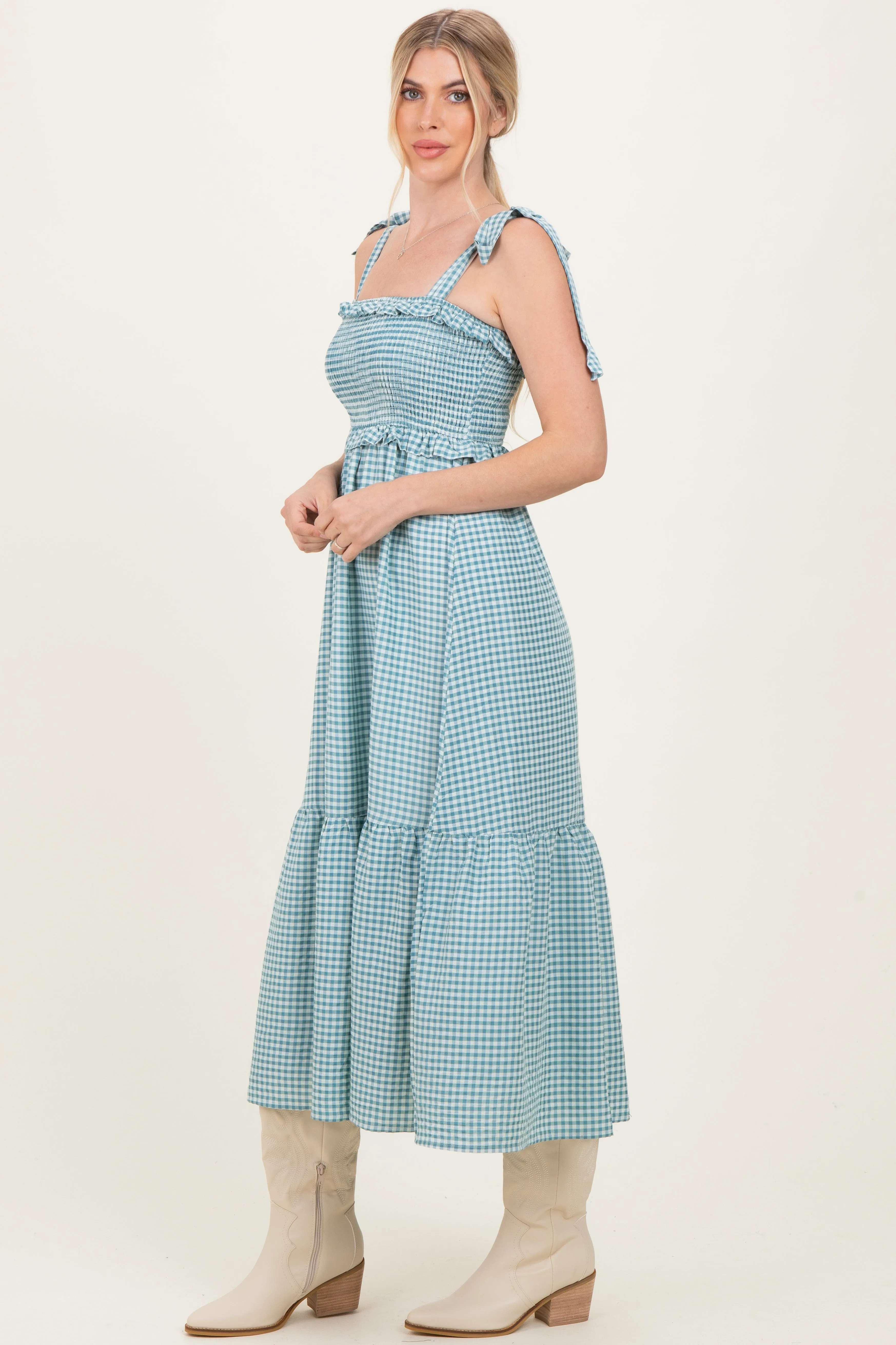 Blue Gingham Smocked Shoulder Tie Midi Dress sold by Pinkblush product image thumbnail 2