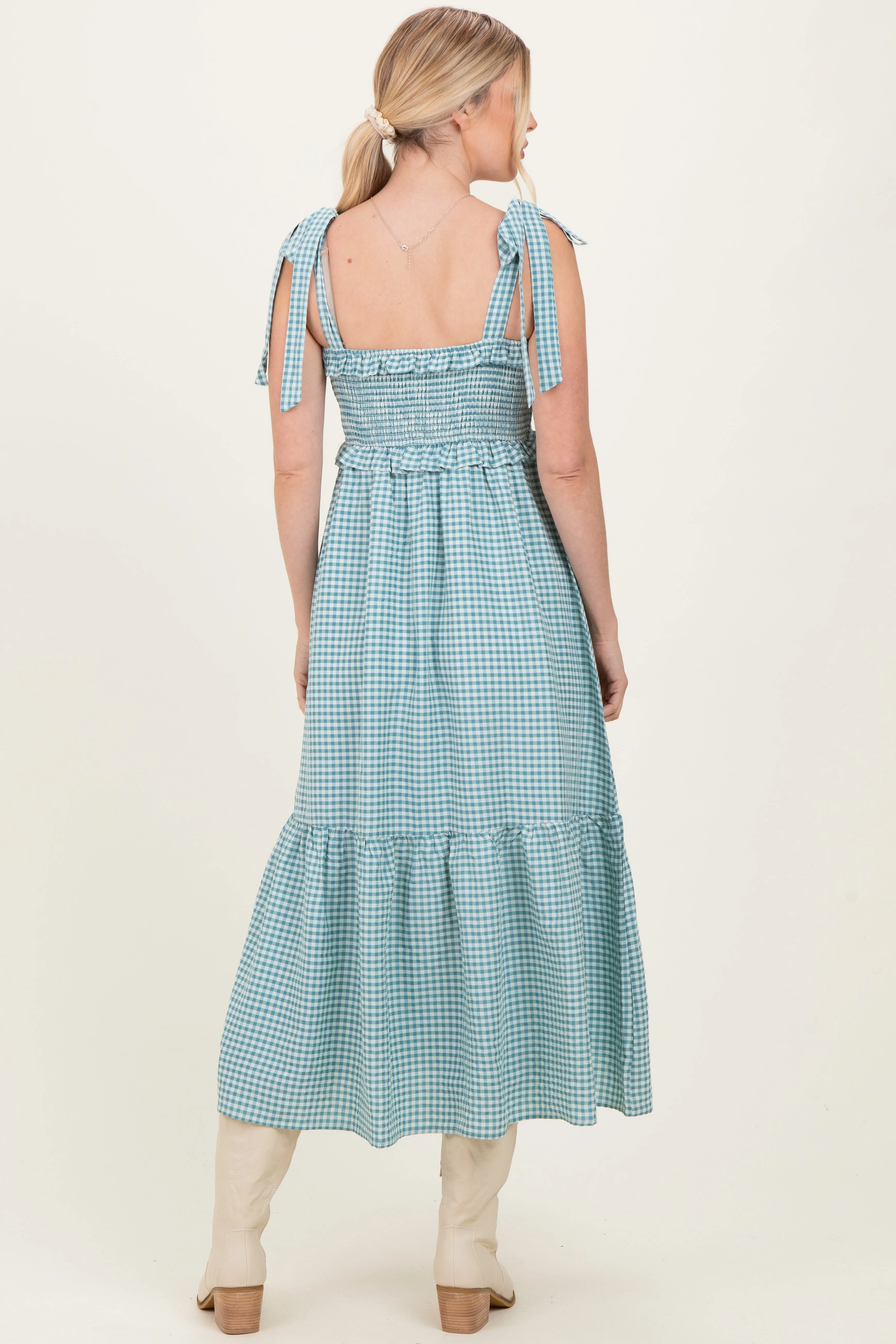 Blue Gingham Smocked Shoulder Tie Midi Dress sold by Pinkblush product image thumbnail 3