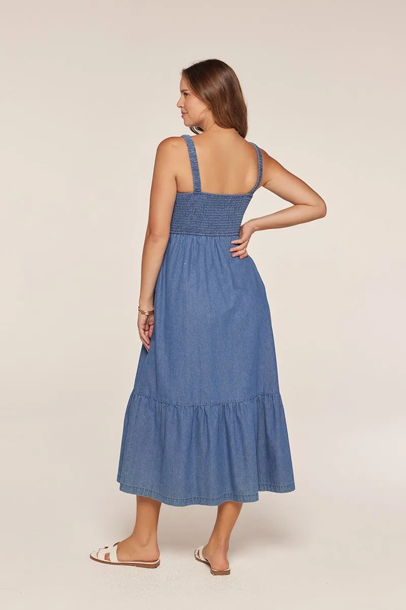 Denim Chambray Smocked Sleeveless Midi Dress sold by Pinkblush product image thumbnail 4