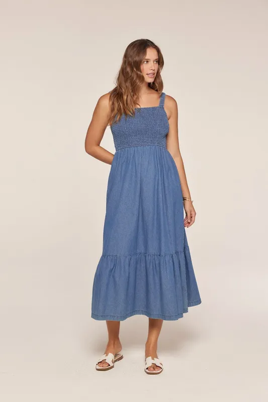 Denim Chambray Smocked Sleeveless Midi Dress sold by Pinkblush