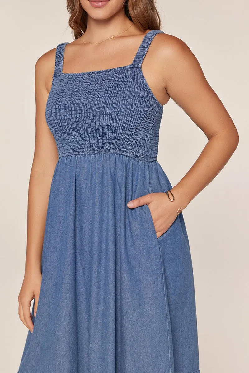 Denim Chambray Smocked Sleeveless Midi Dress sold by Pinkblush product image thumbnail 5
