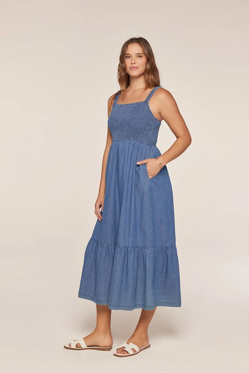 Denim Chambray Smocked Sleeveless Midi Dress sold by Pinkblush product image thumbnail 3