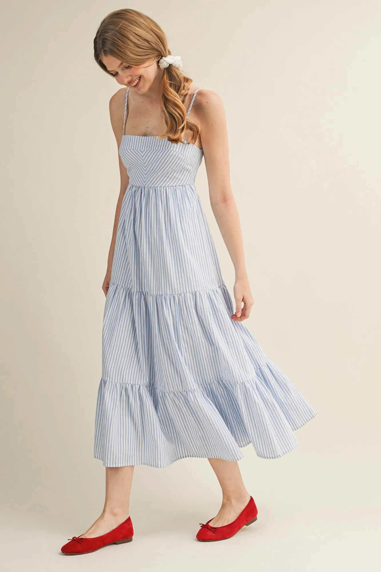 Light Blue Diagonal Stripe Front Tier Dress sold by Pinkblush