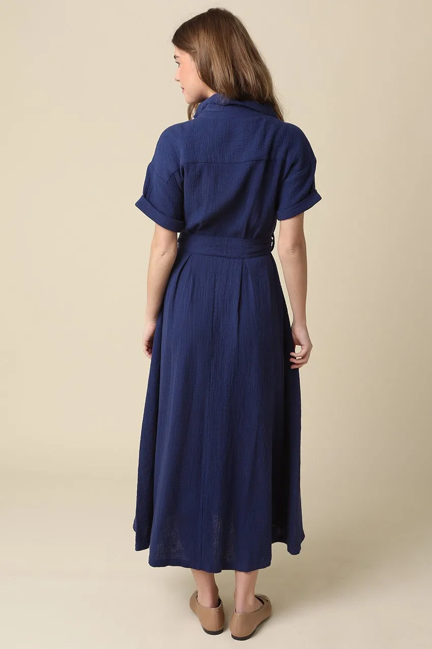 Navy Belted Maxi Shirt Dress sold by Pinkblush product image thumbnail 4