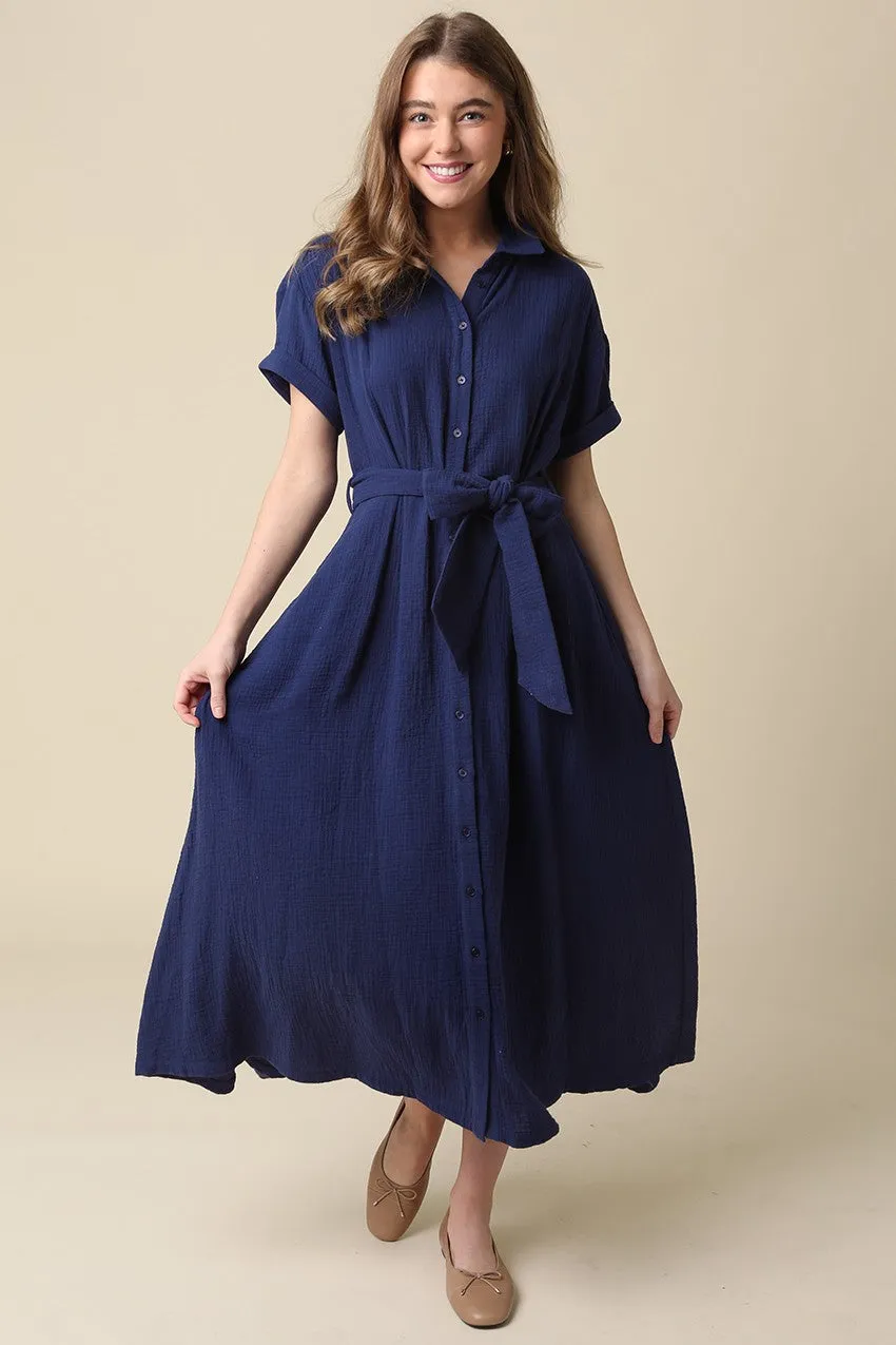 Navy Belted Maxi Shirt Dress sold by Pinkblush product image thumbnail 2