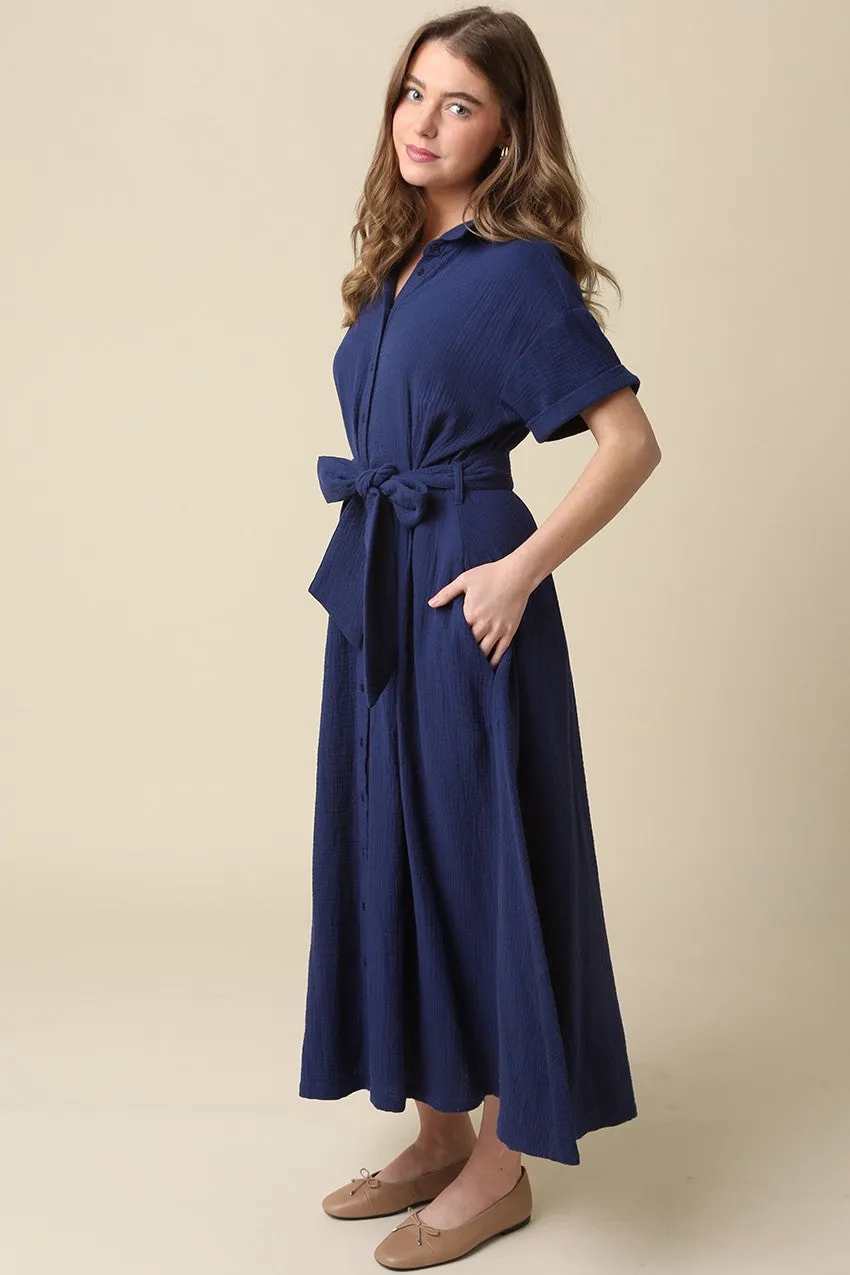 Navy Belted Maxi Shirt Dress sold by Pinkblush product image thumbnail 3