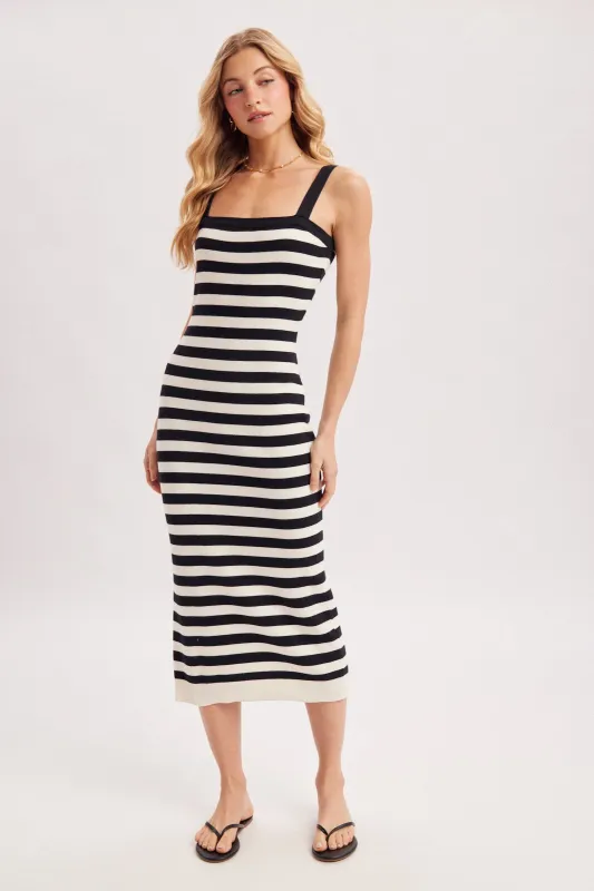 Black Striped Square Neck Sleeveless Knit Midi Dress sold by Pinkblush