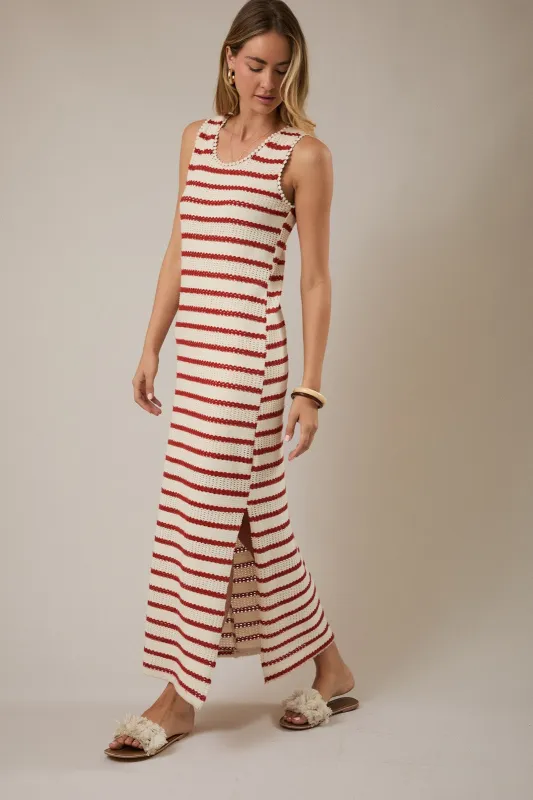 Cream Striped Crochet Knit Sleeveless Maxi Dress sold by Pinkblush