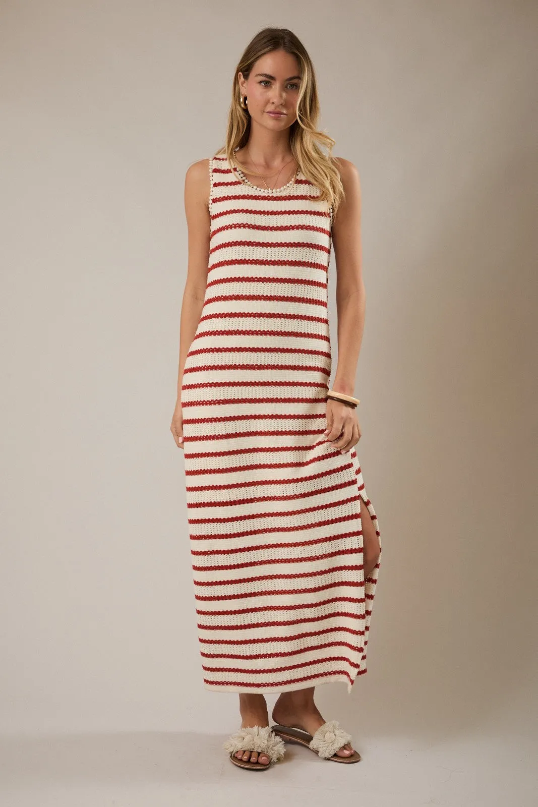 Cream Striped Crochet Knit Sleeveless Maxi Dress sold by Pinkblush product image thumbnail 2