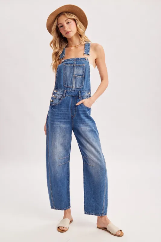 Medium Wash Denim Barrel Overalls sold by Pinkblush
