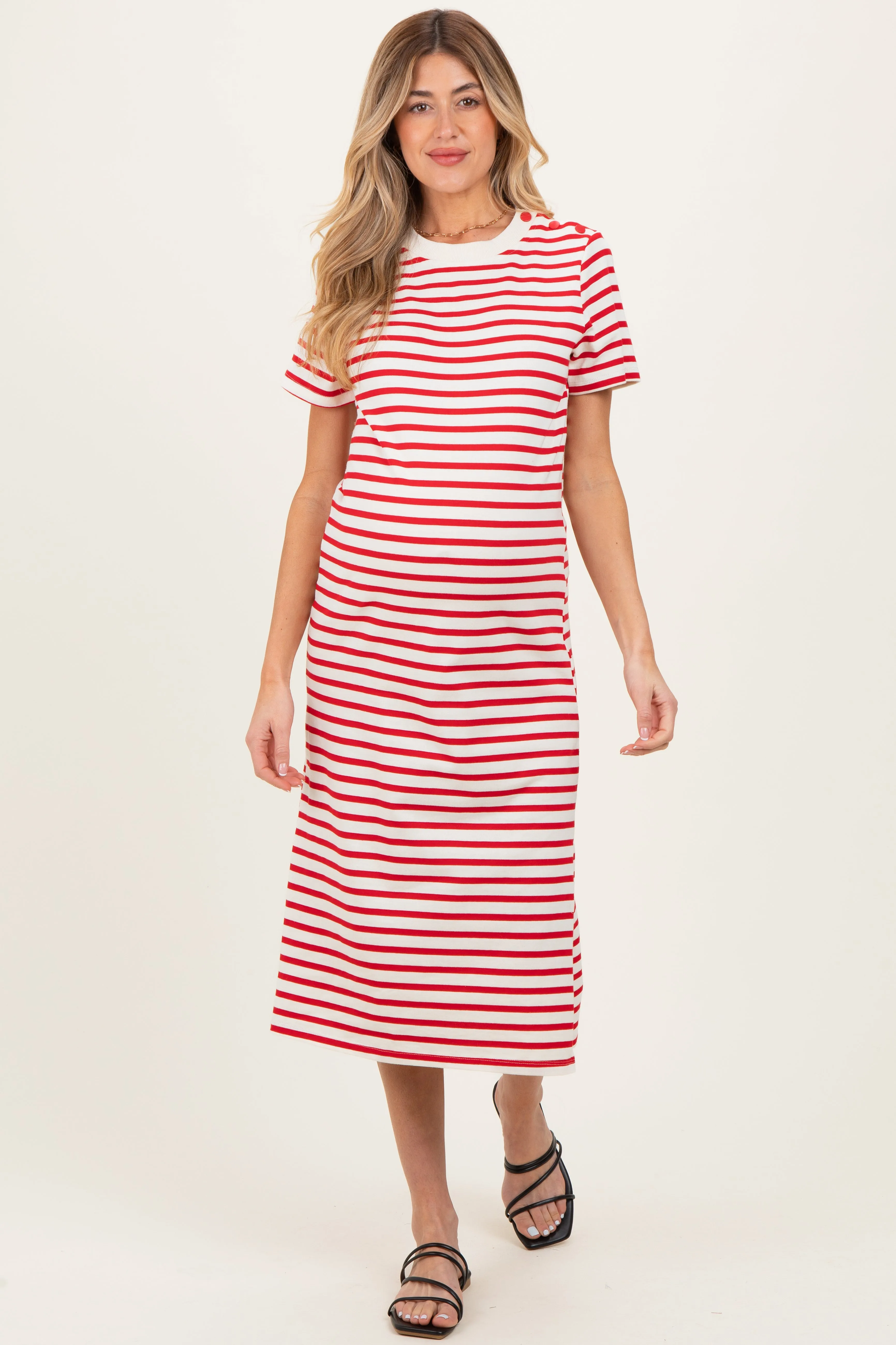 Red Striped Short Sleeve Maternity Midi Dress sold by Pinkblush product image thumbnail 2
