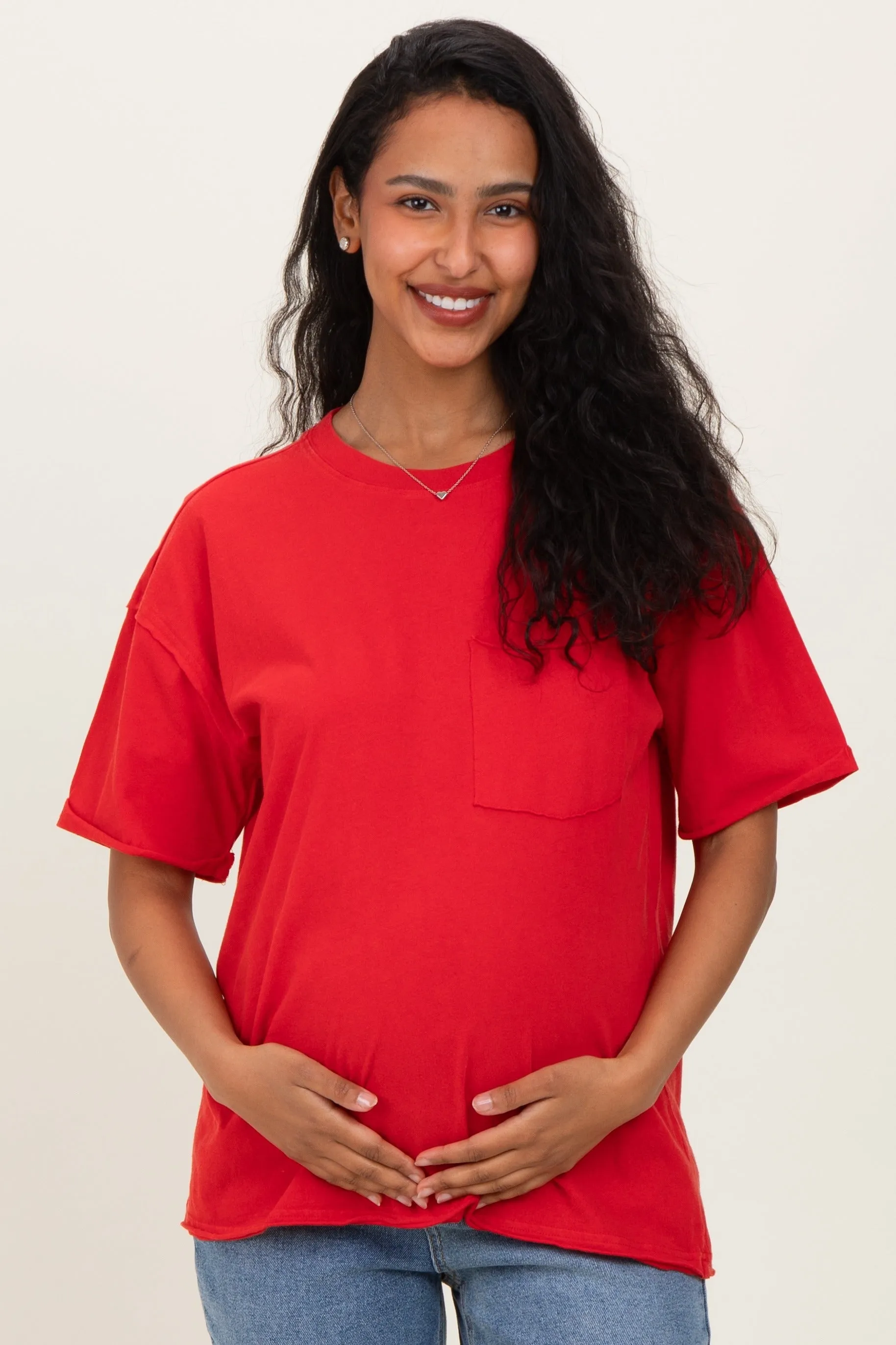 Red Vintage Wash Raw Edge Pocket Maternity T-Shirt sold by Pinkblush