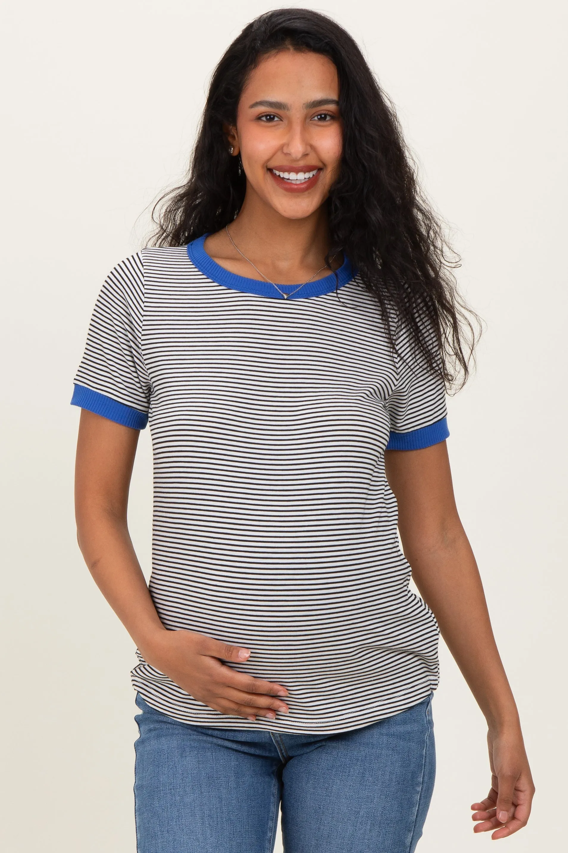 Ivory Blue Trimmed Striped Maternity Top sold by Pinkblush