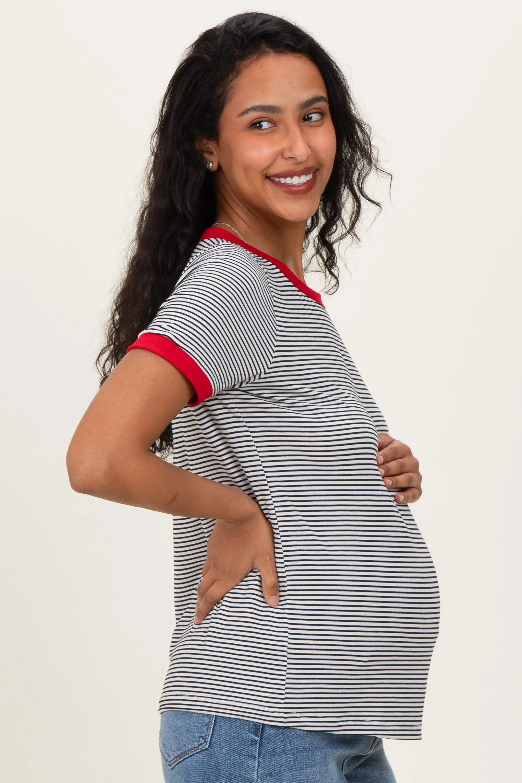 Ivory Red Trimmed Striped Maternity Top sold by Pinkblush product image thumbnail 3