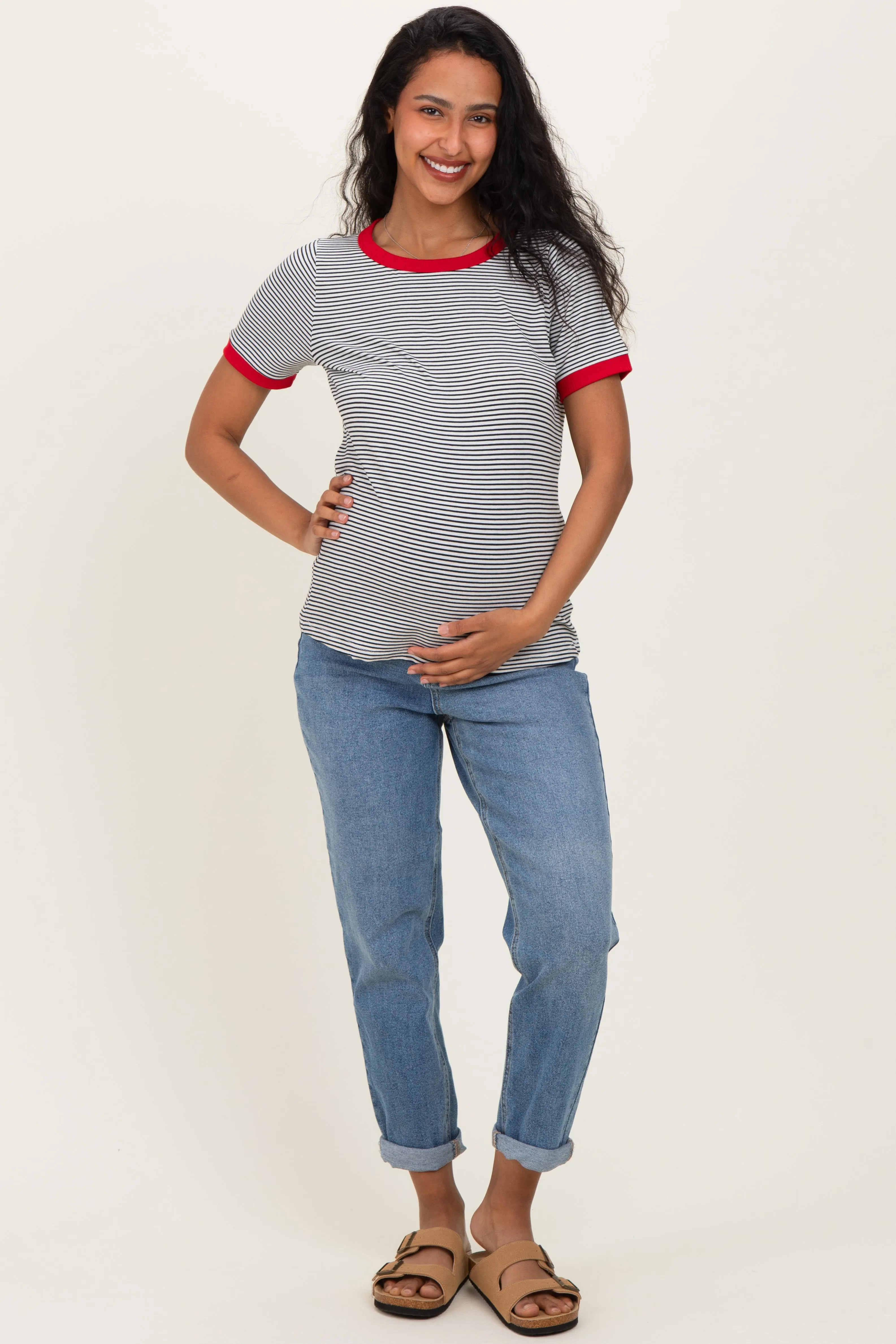 Ivory Red Trimmed Striped Maternity Top sold by Pinkblush product image thumbnail 2