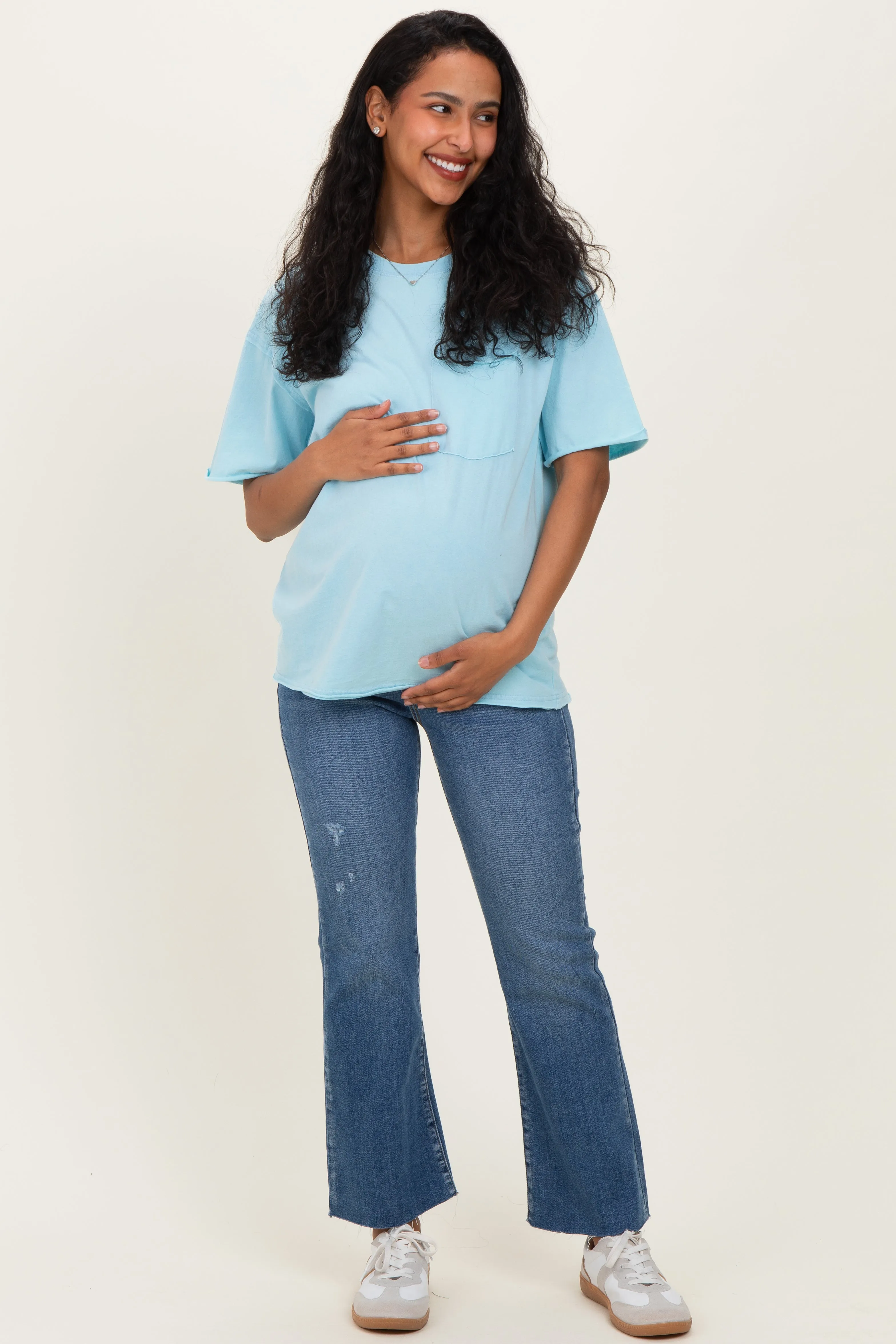 Light Blue Vintage Wash Raw Edge Pocket Maternity T-Shirt sold by Pinkblush