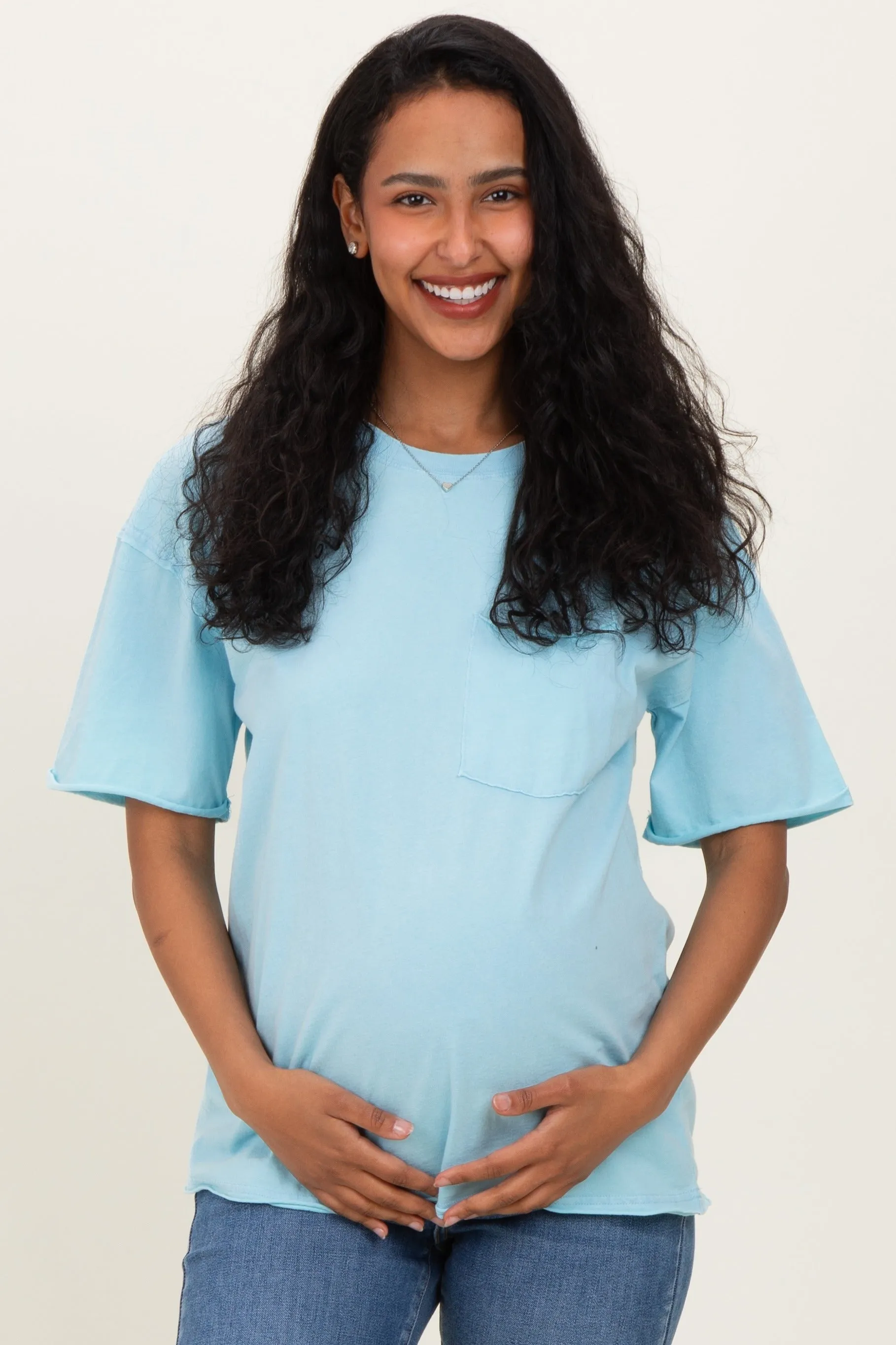 Light Blue Vintage Wash Raw Edge Pocket Maternity T-Shirt sold by Pinkblush product image thumbnail 2