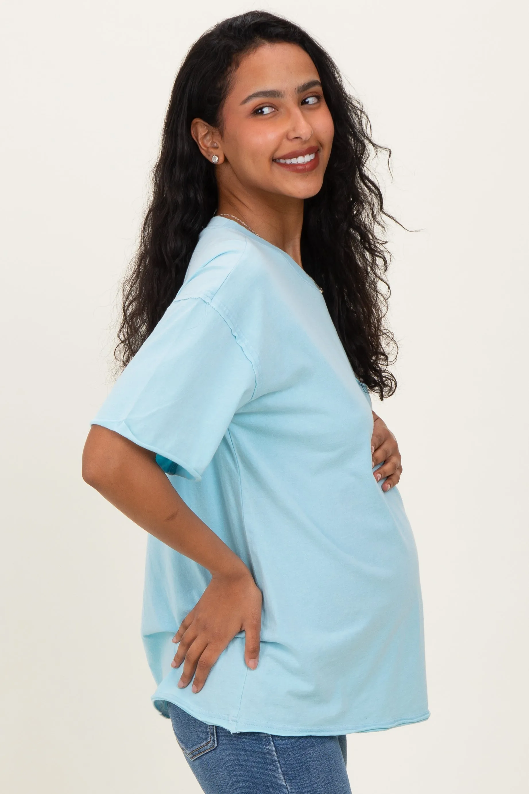 Light Blue Vintage Wash Raw Edge Pocket Maternity T-Shirt sold by Pinkblush product image thumbnail 3