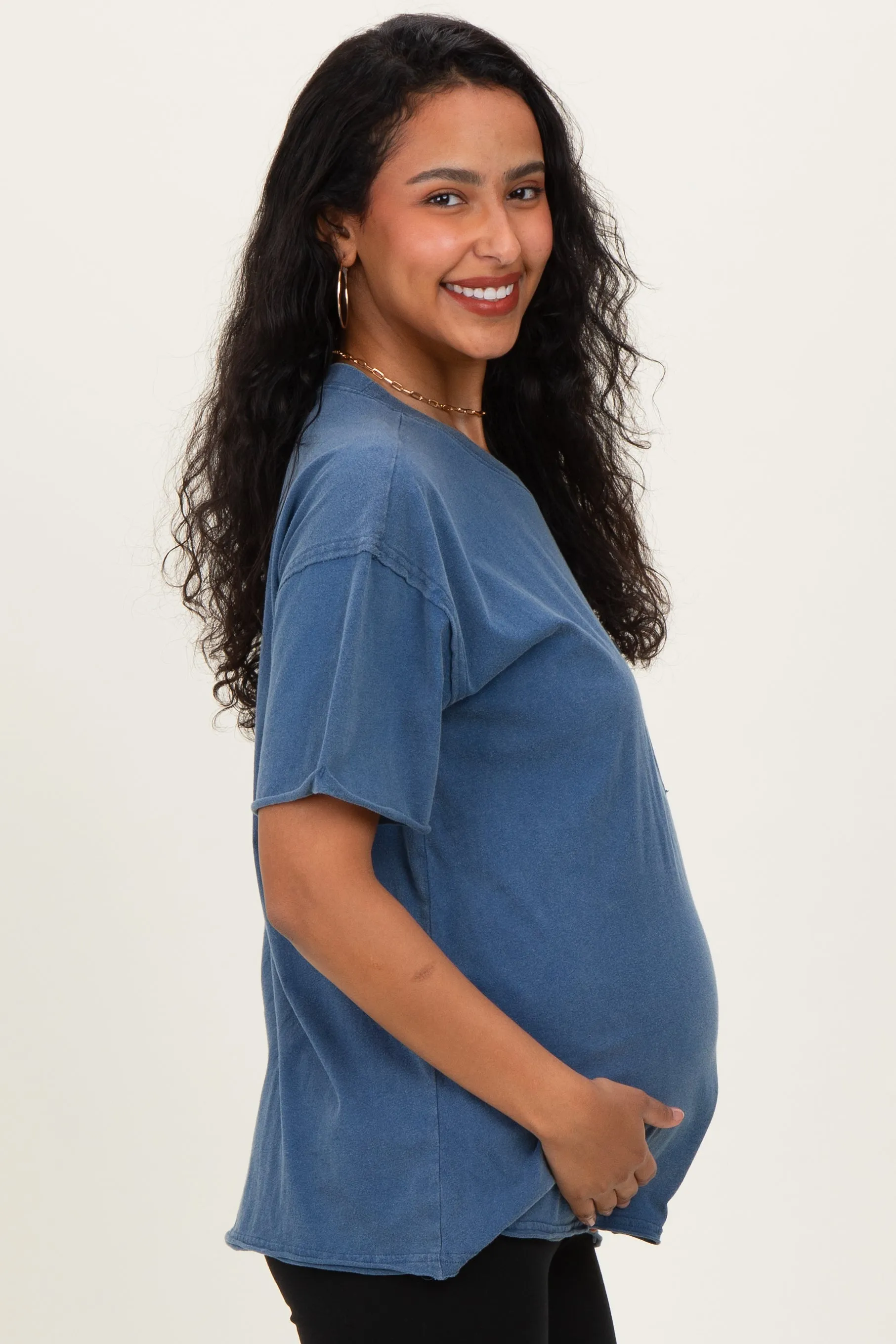 Light Navy Vintage Wash Raw Edge Pocket Maternity T-Shirt sold by Pinkblush product image thumbnail 3