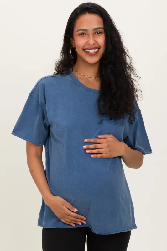 Light Navy Vintage Wash Raw Edge Pocket Maternity T-Shirt sold by Pinkblush