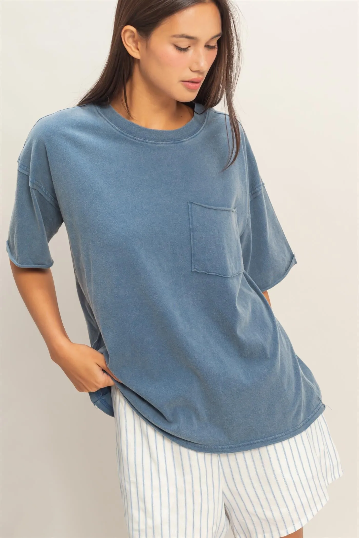 Light Navy Vintage Wash Raw Edge Pocket Maternity T-Shirt sold by Pinkblush product image thumbnail 5